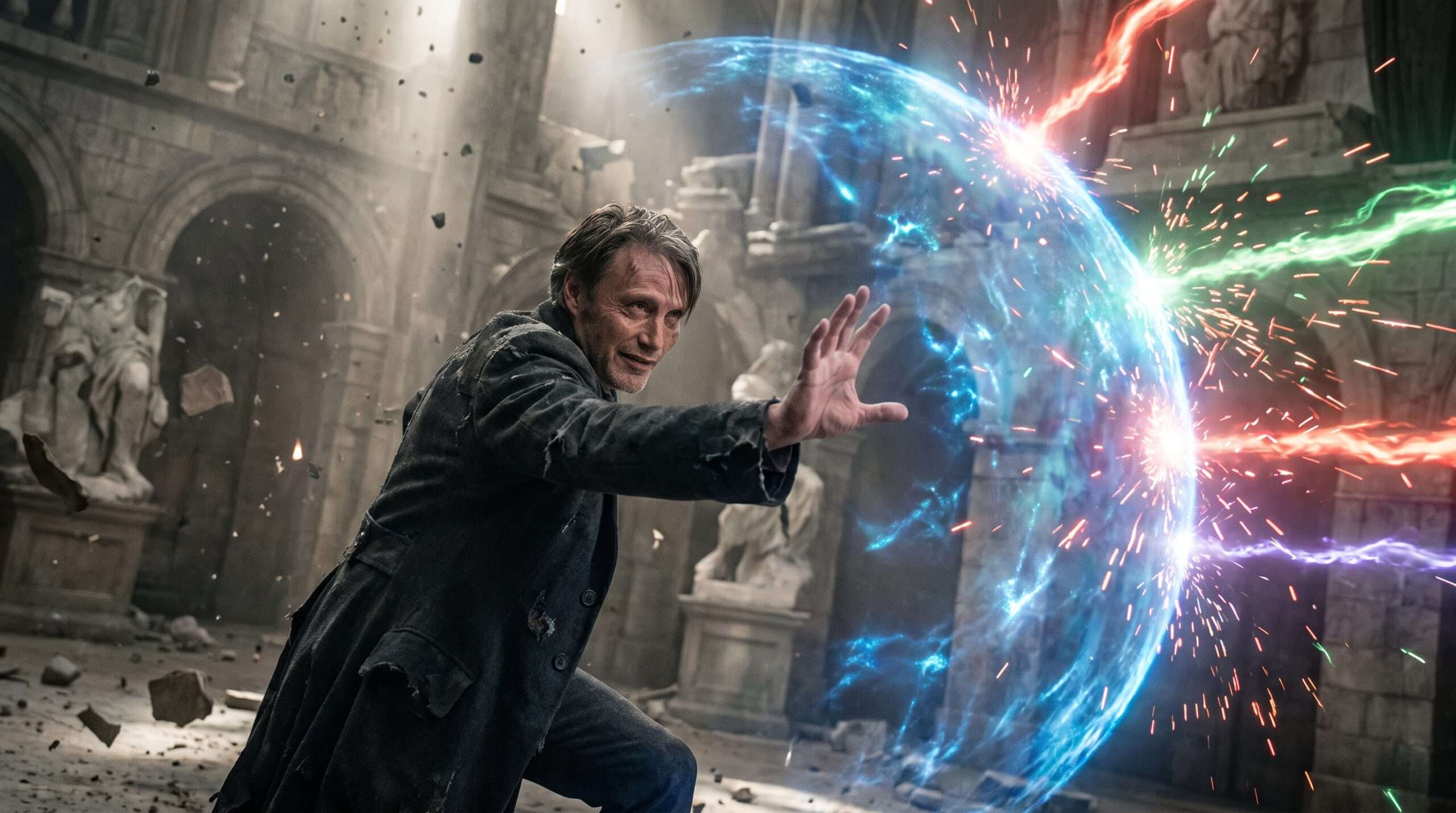 Dynamic combat shot of Gellert Grindelwald using his bare hand to conjure a shield deflecting incoming magical bolts.