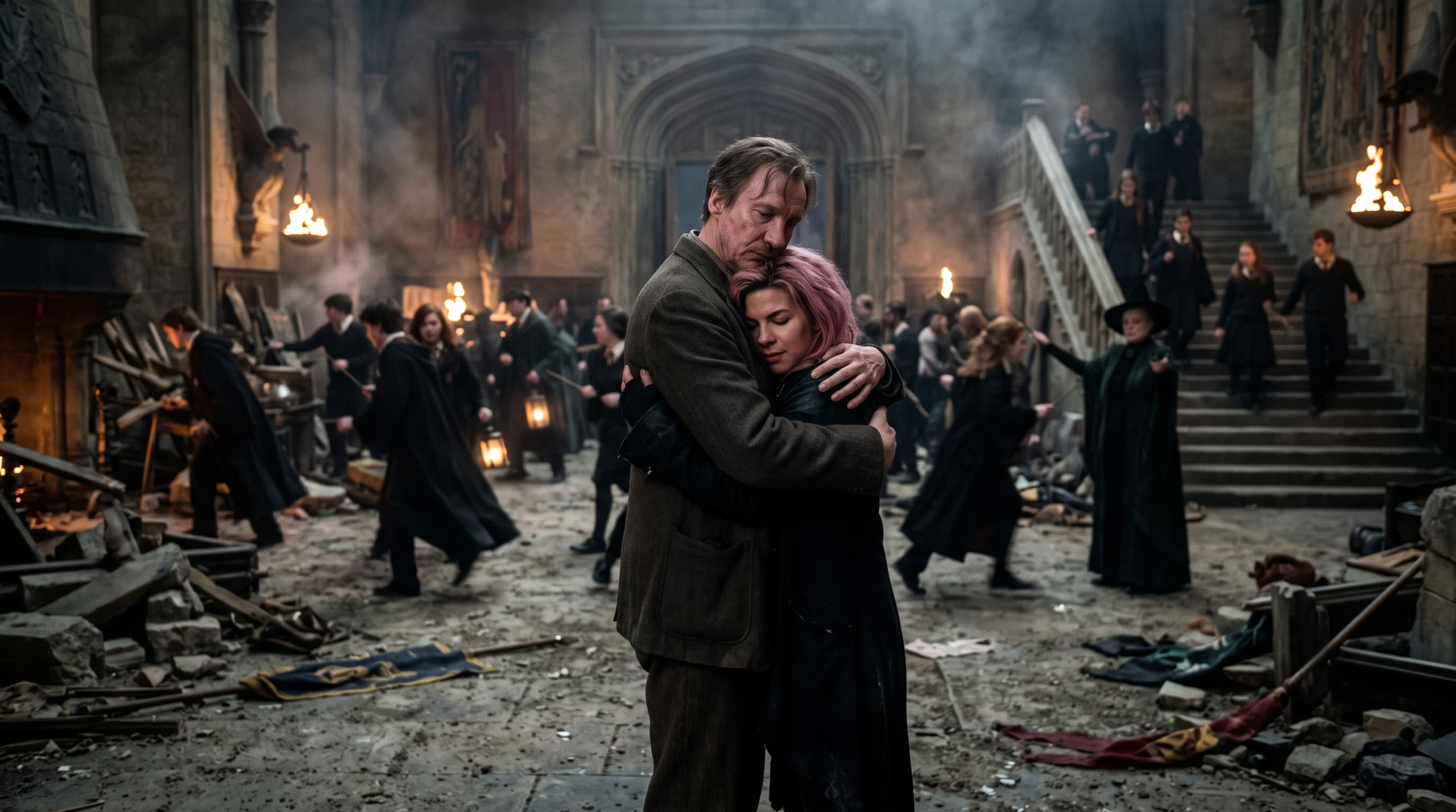 A deleted scene still from Harry Potter and the Deathly Hallows Part 2 capturing Remus Lupin and Nymphadora Tonks embracing before the Battle of Hogwarts.