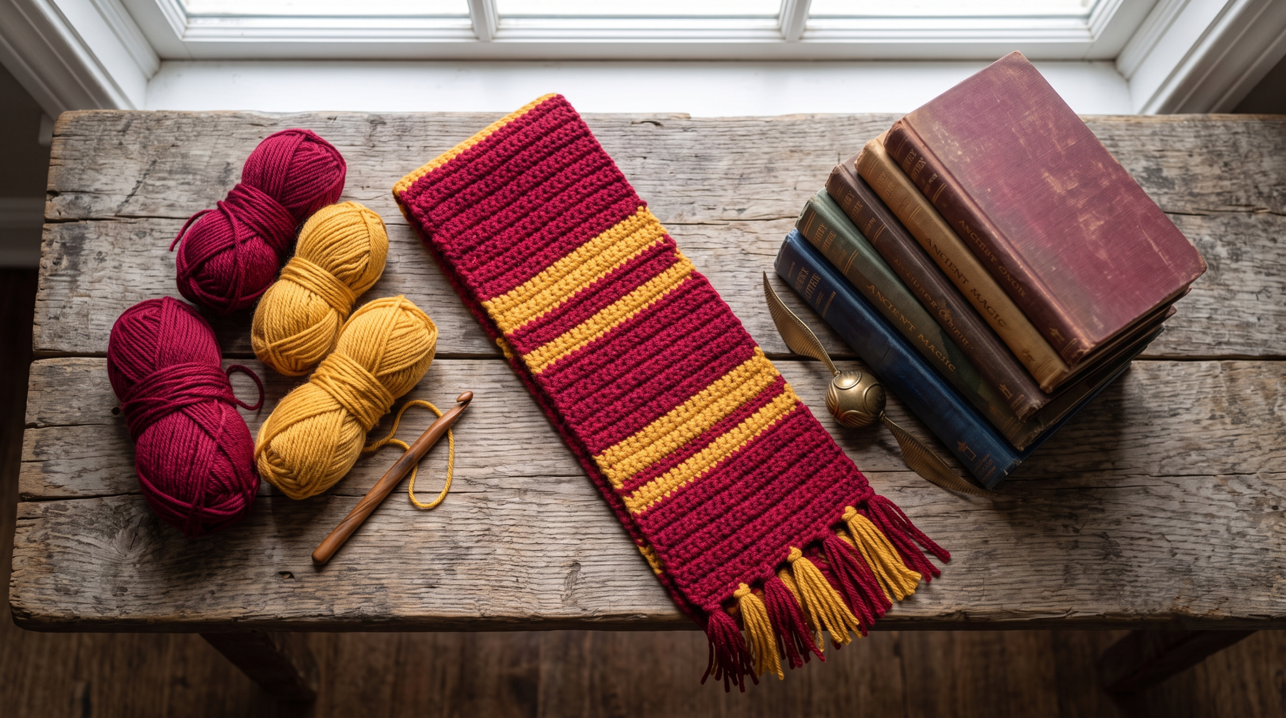 A flat lay photograph of a completed crocheted first-year Hogwarts scarf in Gryffindor colors with thick and thin stripe pattern.