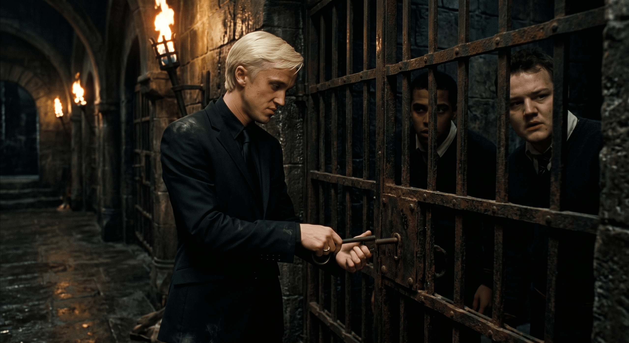 A deleted scene from Harry Potter and the Deathly Hallows Part 2 shows Draco Malfoy unlocking a dungeon cell to release Slytherin students.