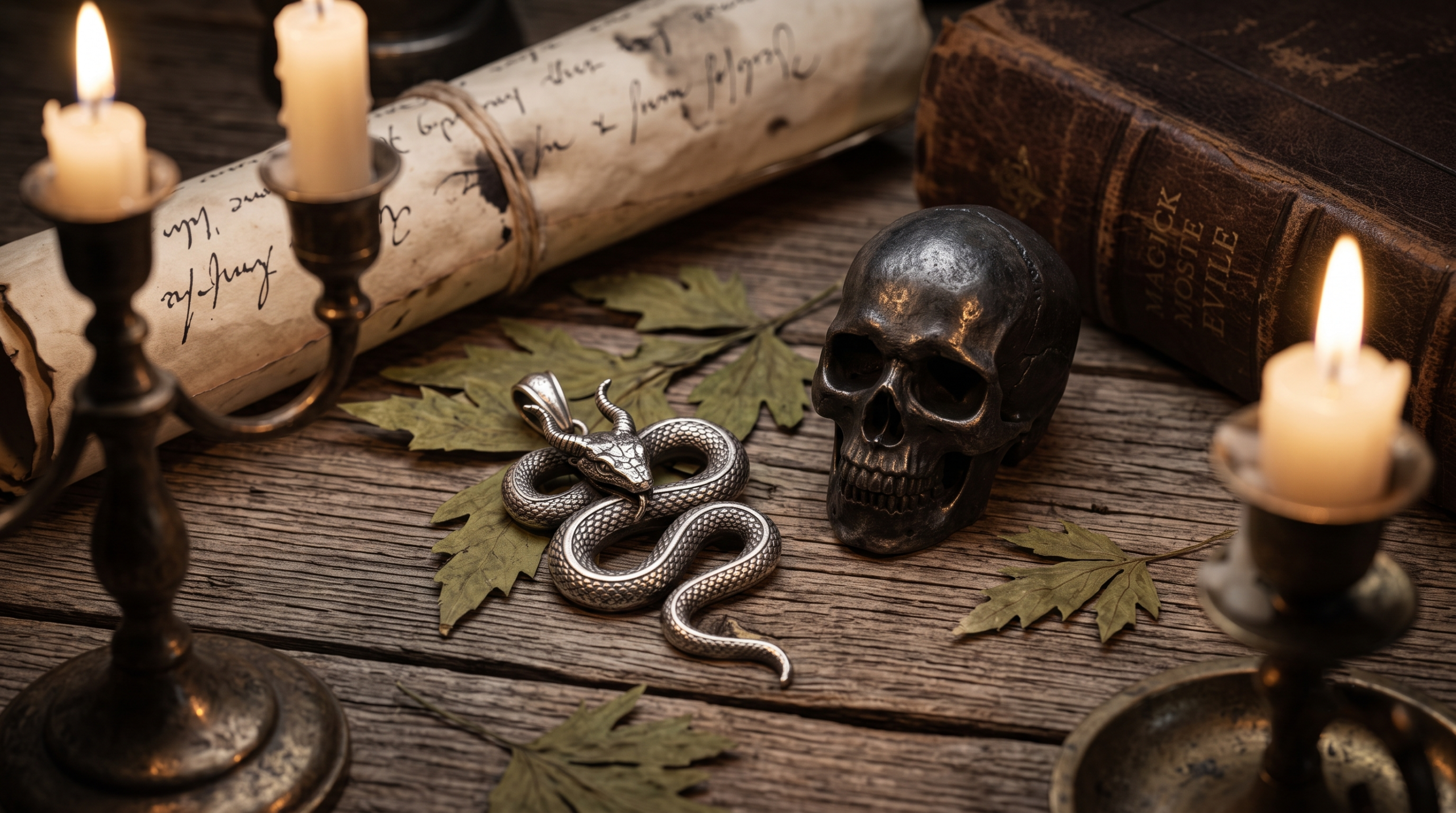 Detailed close-up photo of an antique silver snake pendant and a dark oxidized skull on a weathered wooden desk.