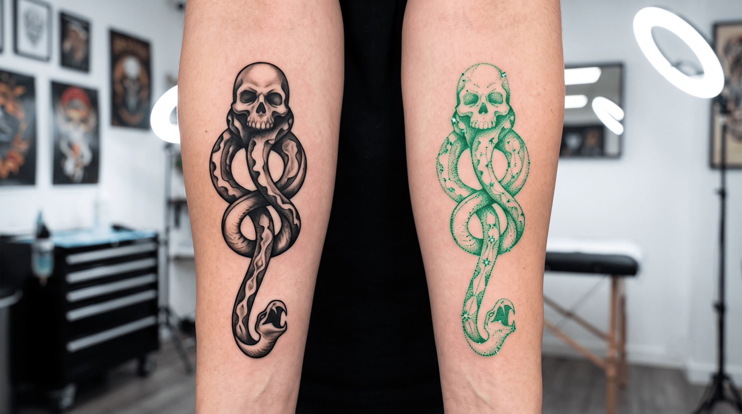 Comparison of two tattoos on forearms: a realistic blackwork Dark Mark versus a delicate emerald dot-work constellation Dark Mark.
