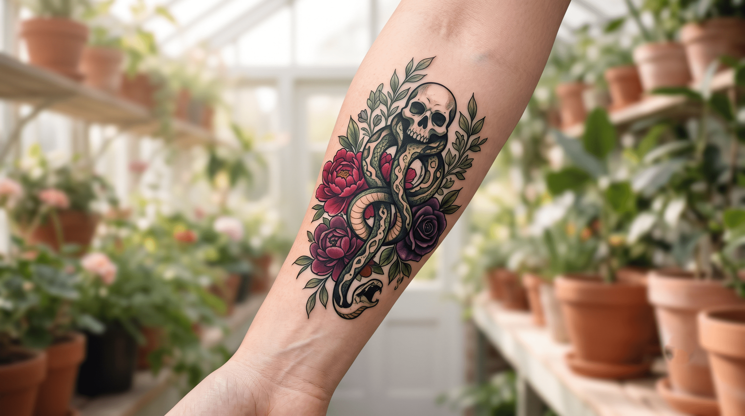 Vibrant neo-traditional tattoo on a woman's inner forearm, blending a Dark Mark skull and snake with lush red peonies and dark purple roses.