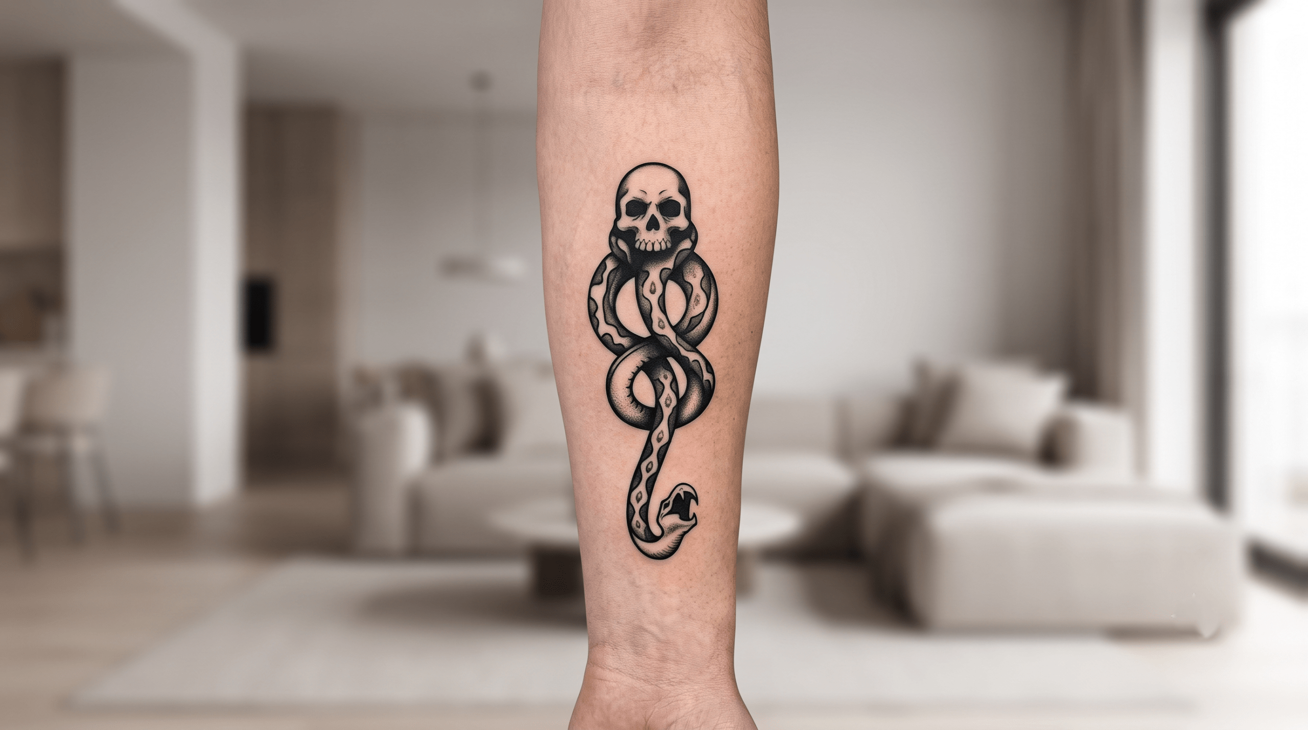Healed blackwork Dark Mark tattoo showing authentic placement on a person's inner left forearm in a minimalist setting.