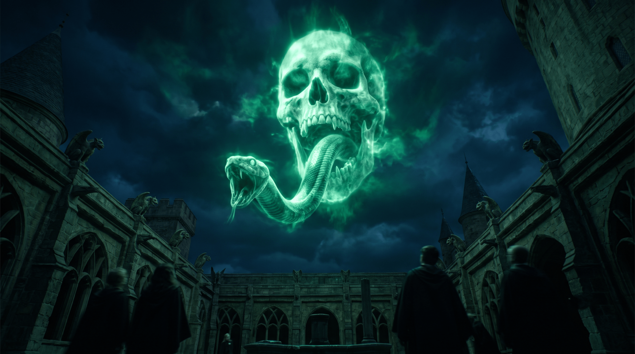 Dramatic visualization of the glowing emerald Dark Mark sky sign cast over a castle at night.