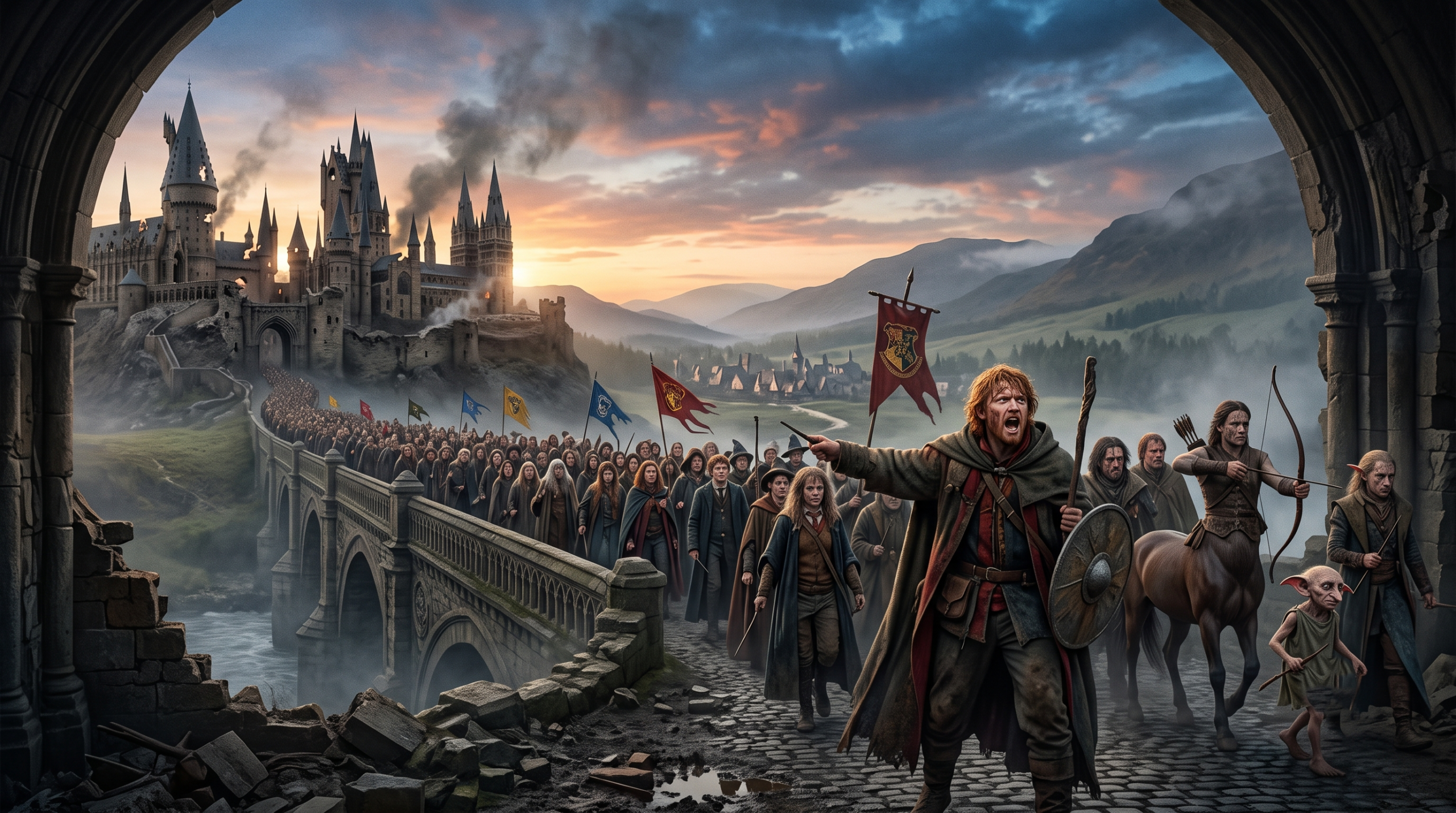 An epic, wide shot from the ruined entrance of Hogwarts, looking down the Hogsmeade road at dawn. A large, diverse crowd of dust-covered wizards, witches, and various magical creatures is marching determinedly towards the castle. Charlie Weasley leads them, a determined look on his face, alongside other prominent figures.