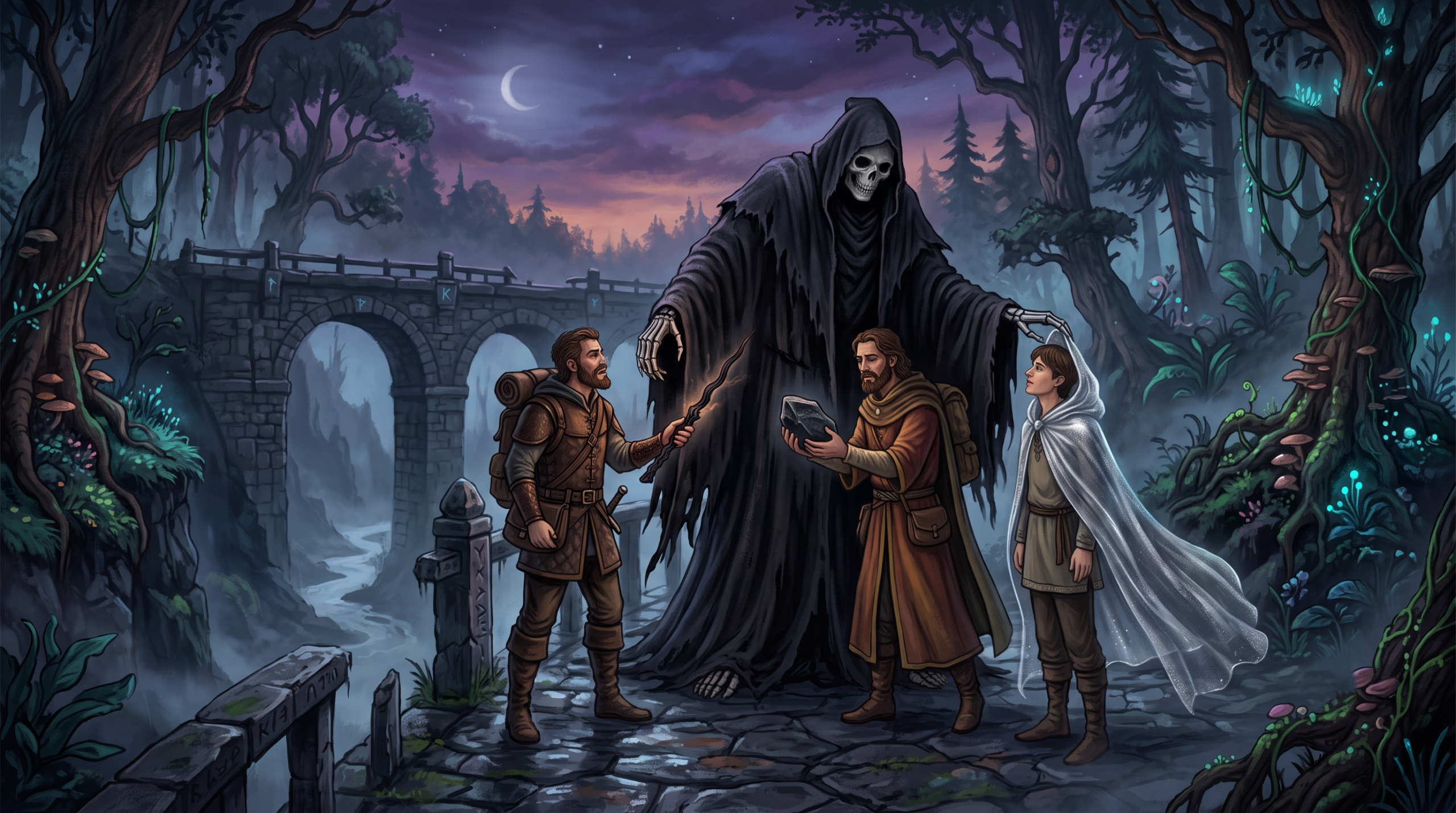 Mystical illustration depicting Death presenting the Deathly Hallows (Wand, Stone, Cloak) to the three Peverell brothers on an ancient bridge.