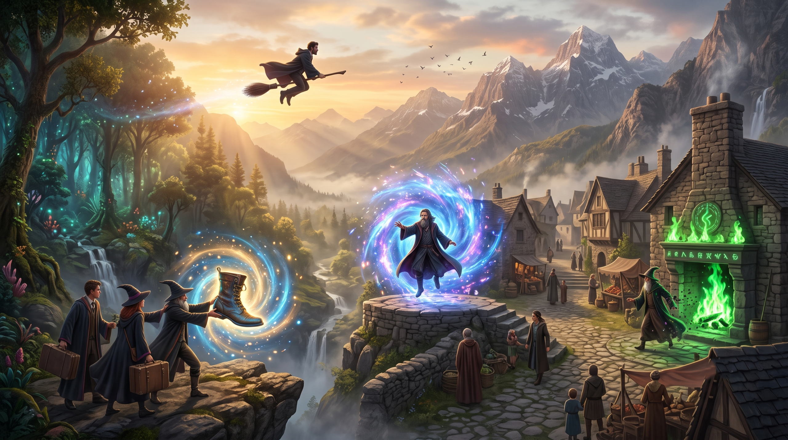 Comparison of magical transportation methods including Apparition, Floo Network, Portkeys, and broomsticks.