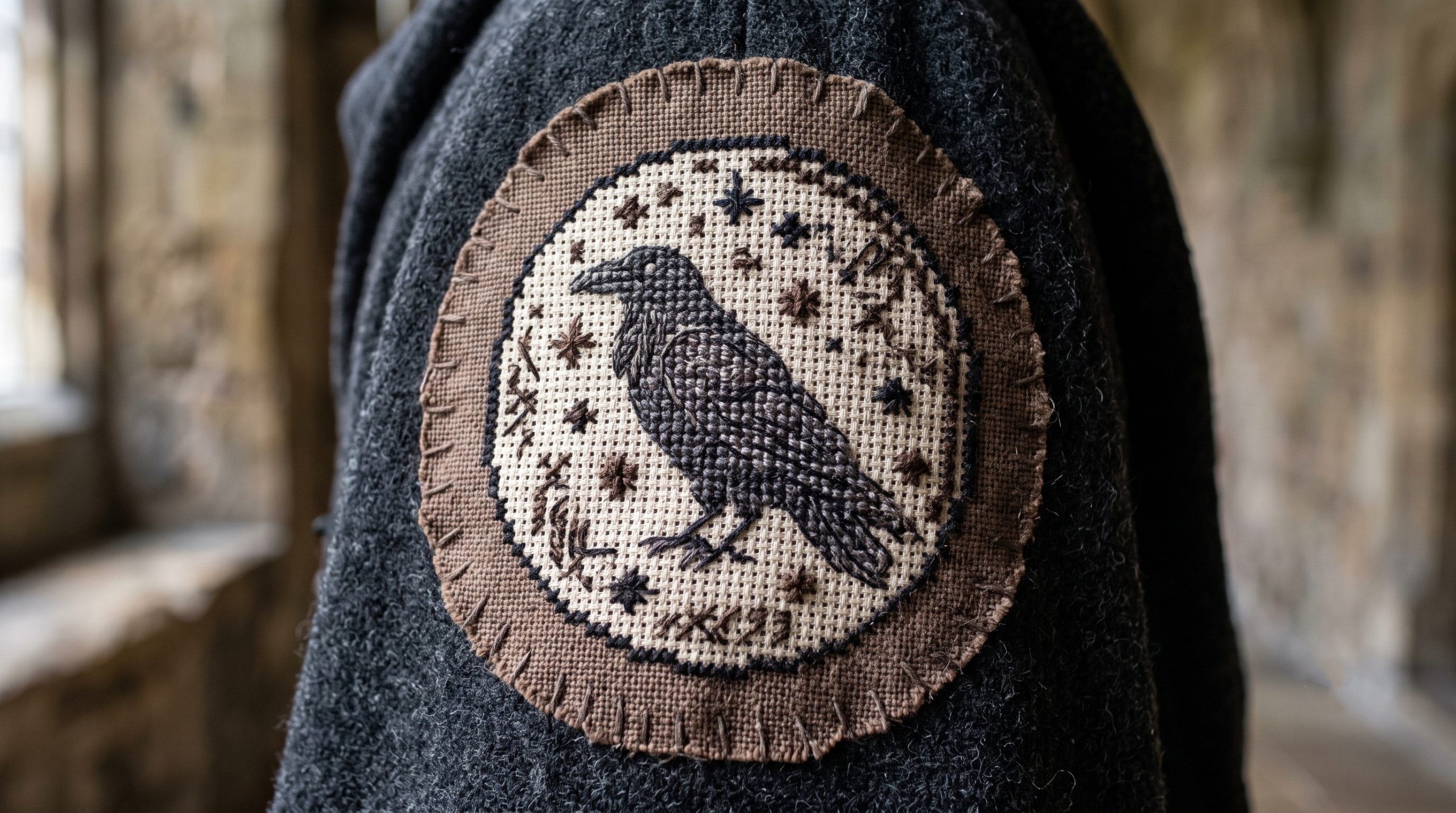 Close-up of intricate sepia and charcoal thread stitching on a custom textured cloak patch detail.