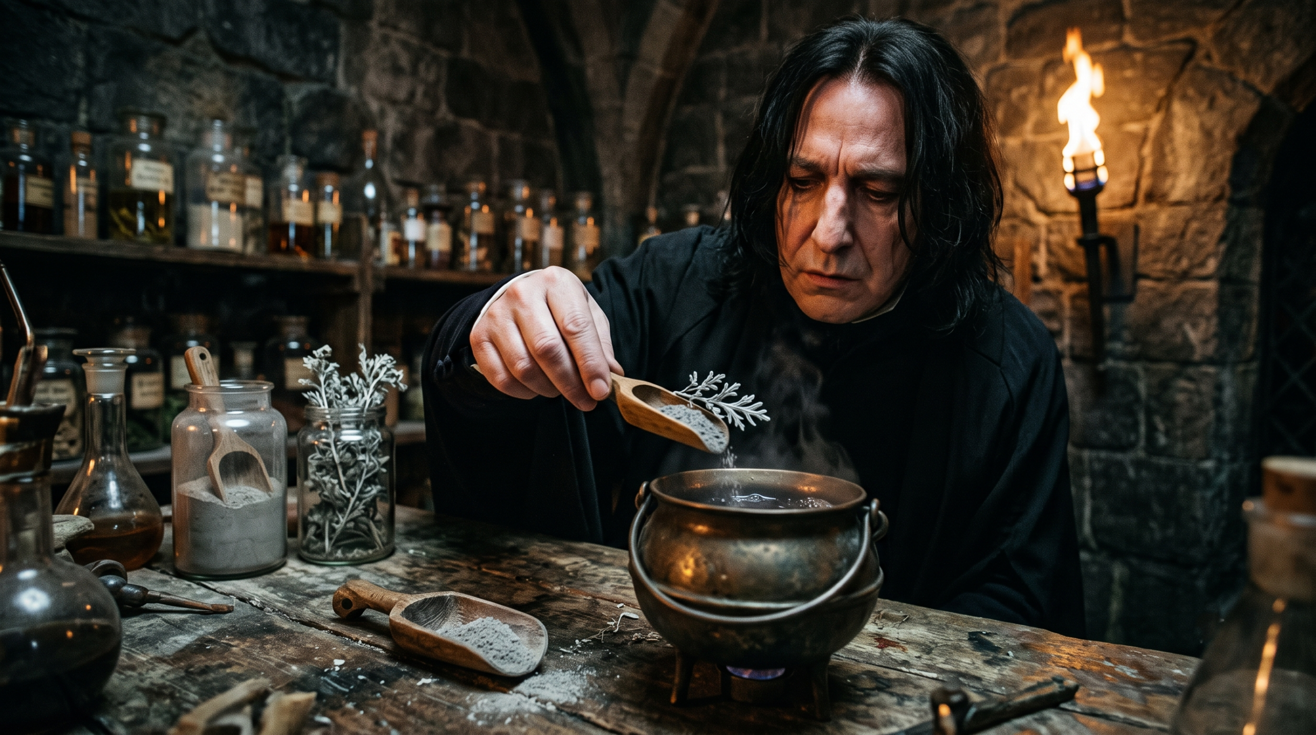 Close-up of Severus Snape adding asphodel and wormwood to a potion in his dungeon, delivering a coded message about Lily Potter.