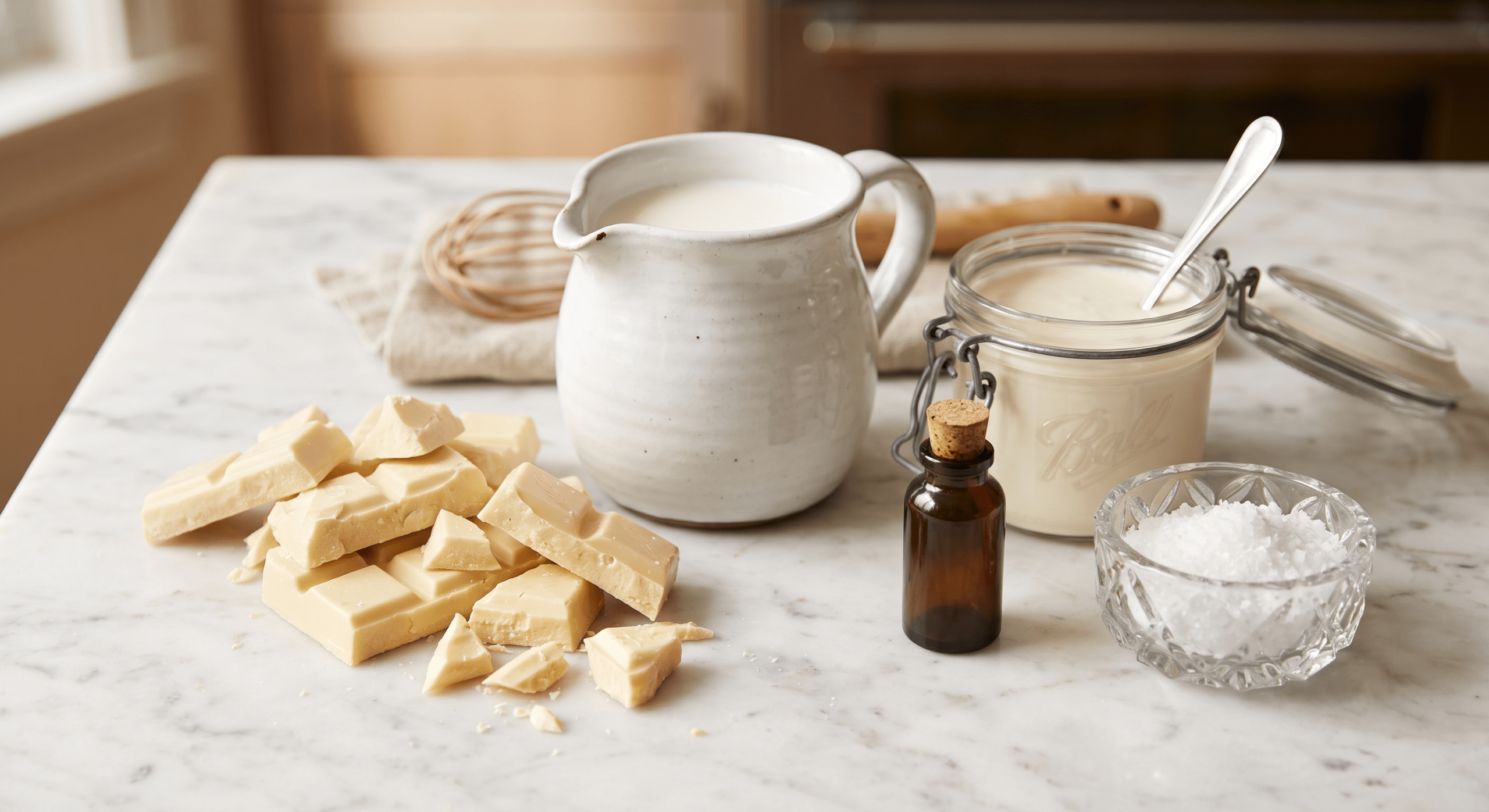 Close-up arrangement of high-quality ingredients for white hot chocolate: premium white chocolate, cream, milk, vanilla, and salt.