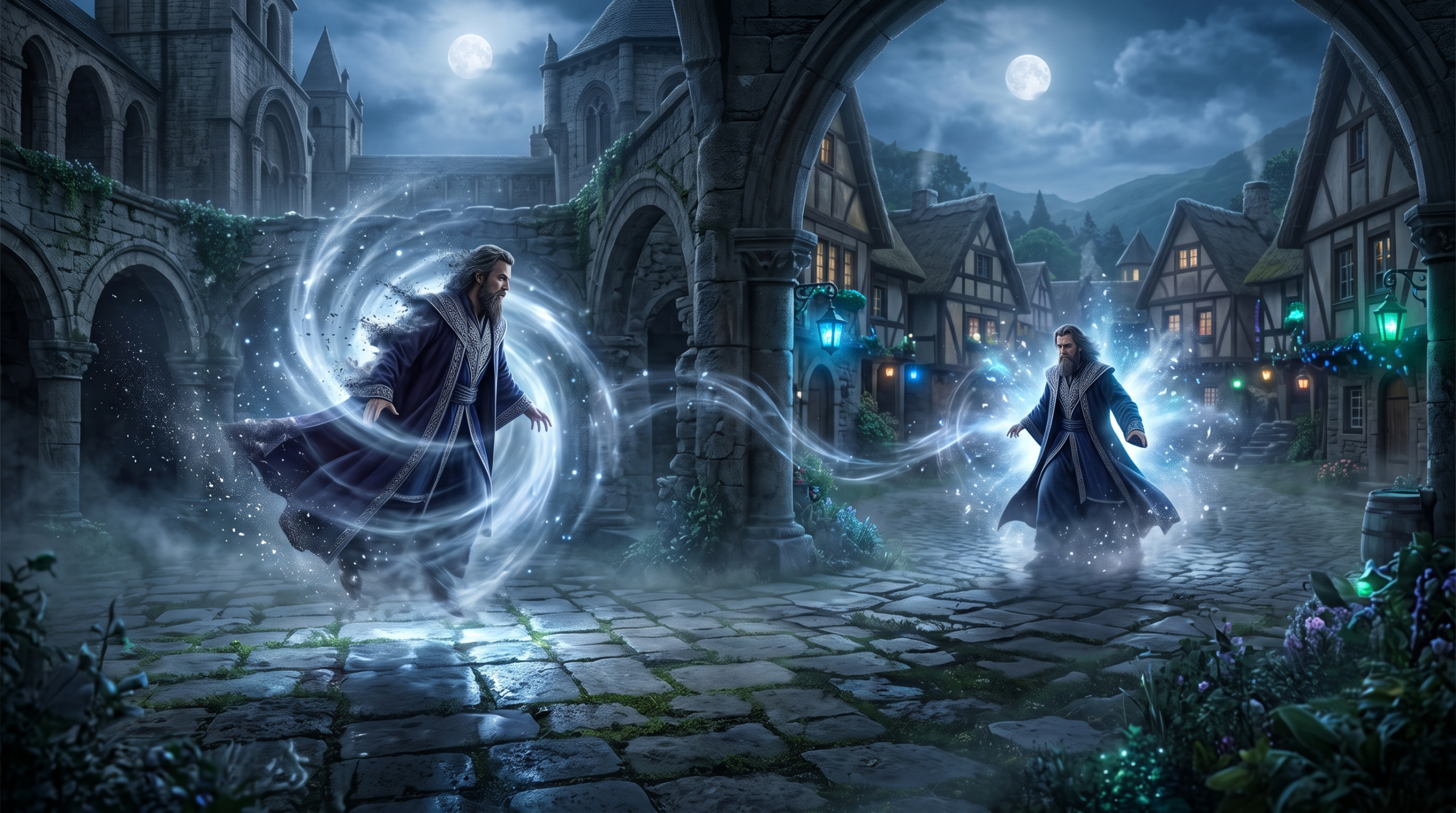 Wizard demonstrating Apparition and Disapparition magical teleportation in a fantasy world.