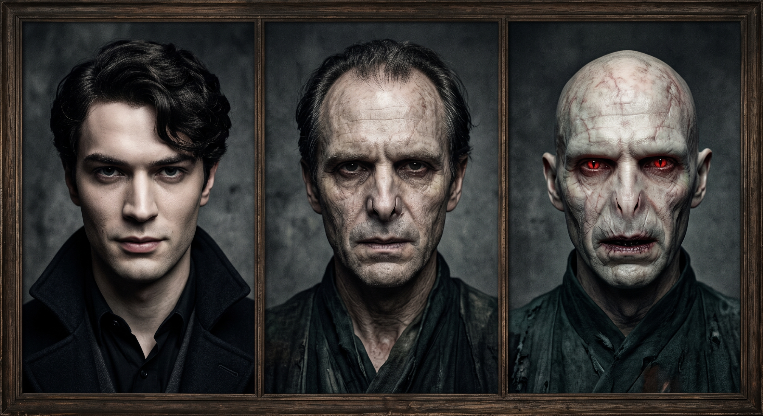 Triptych portrait showing the progression of physical deformation from young Tom Riddle to Lord Voldemort.