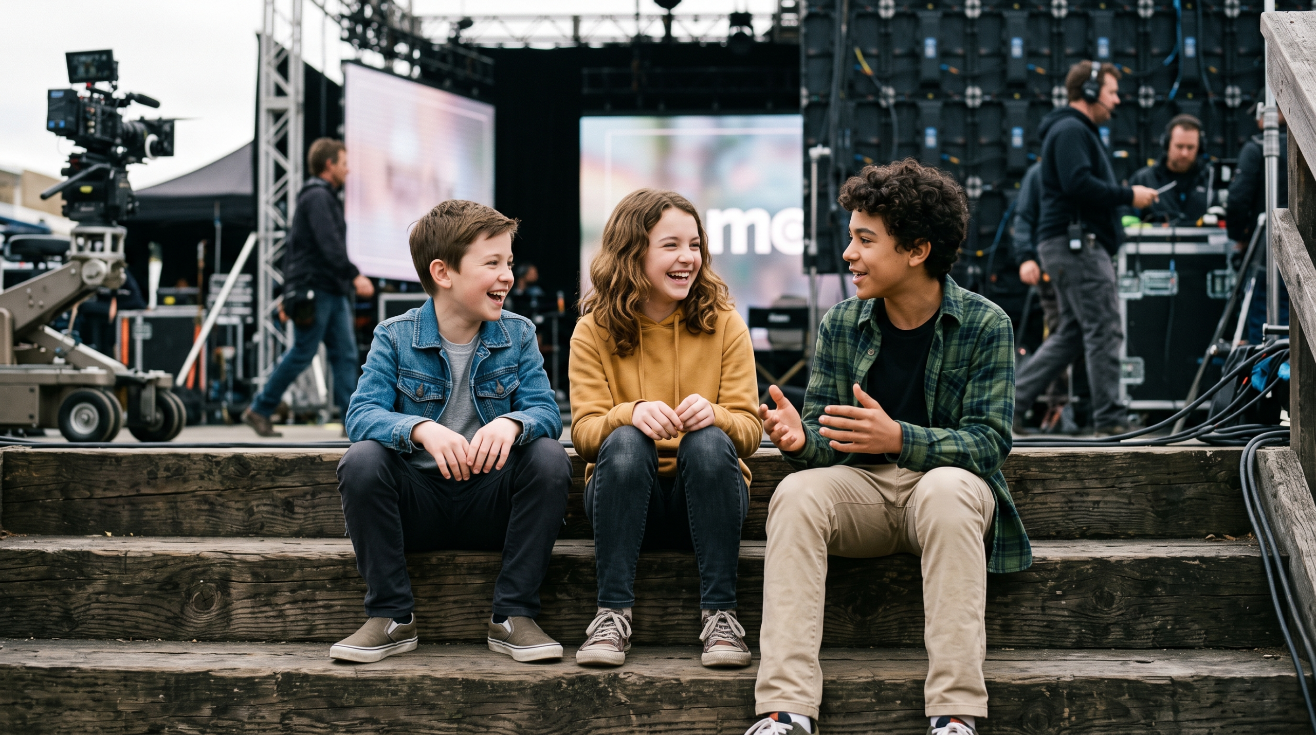 Three young actors sitting together on a TV production set, illustratively representing the new cast of the upcoming Harry Potter HBO reboot.