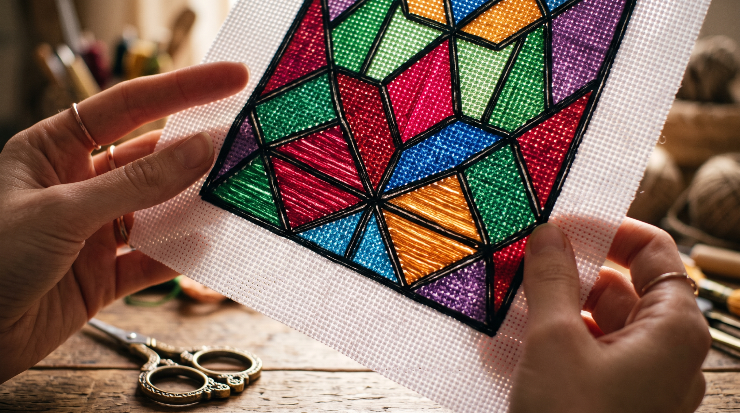 Macro detail of black backstitch lead lines and glowing gem-toned embroidery thread texture.