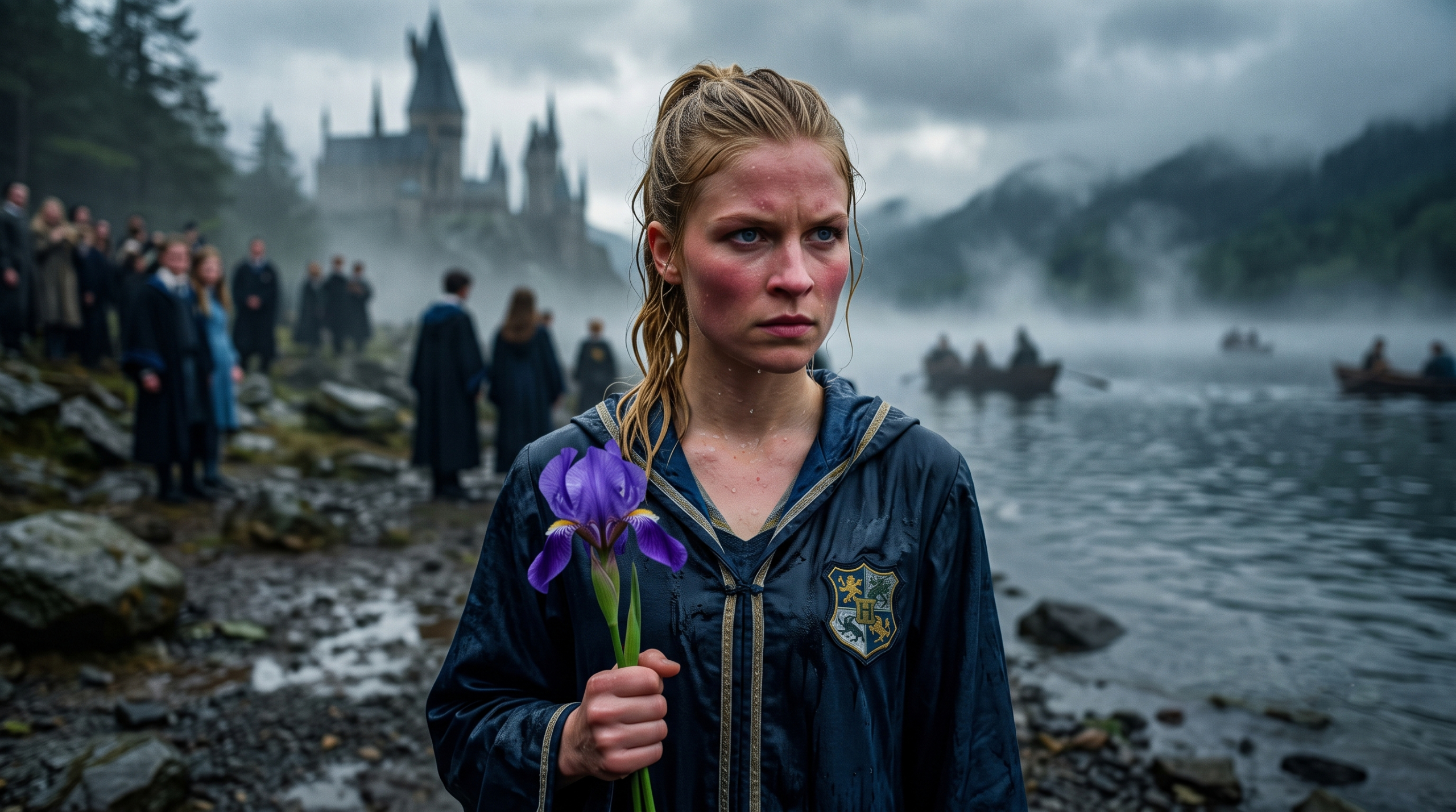 Fleur Delacour holding a purple iris, symbolizing courage and loyalty after the Triwizard task.
