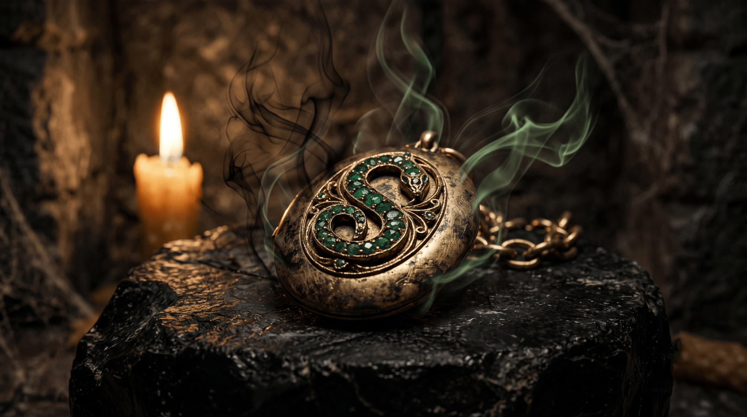 Close-up photograph of the ornate Slytherin Horcrux locket emitting dark green magic on a stone altar.