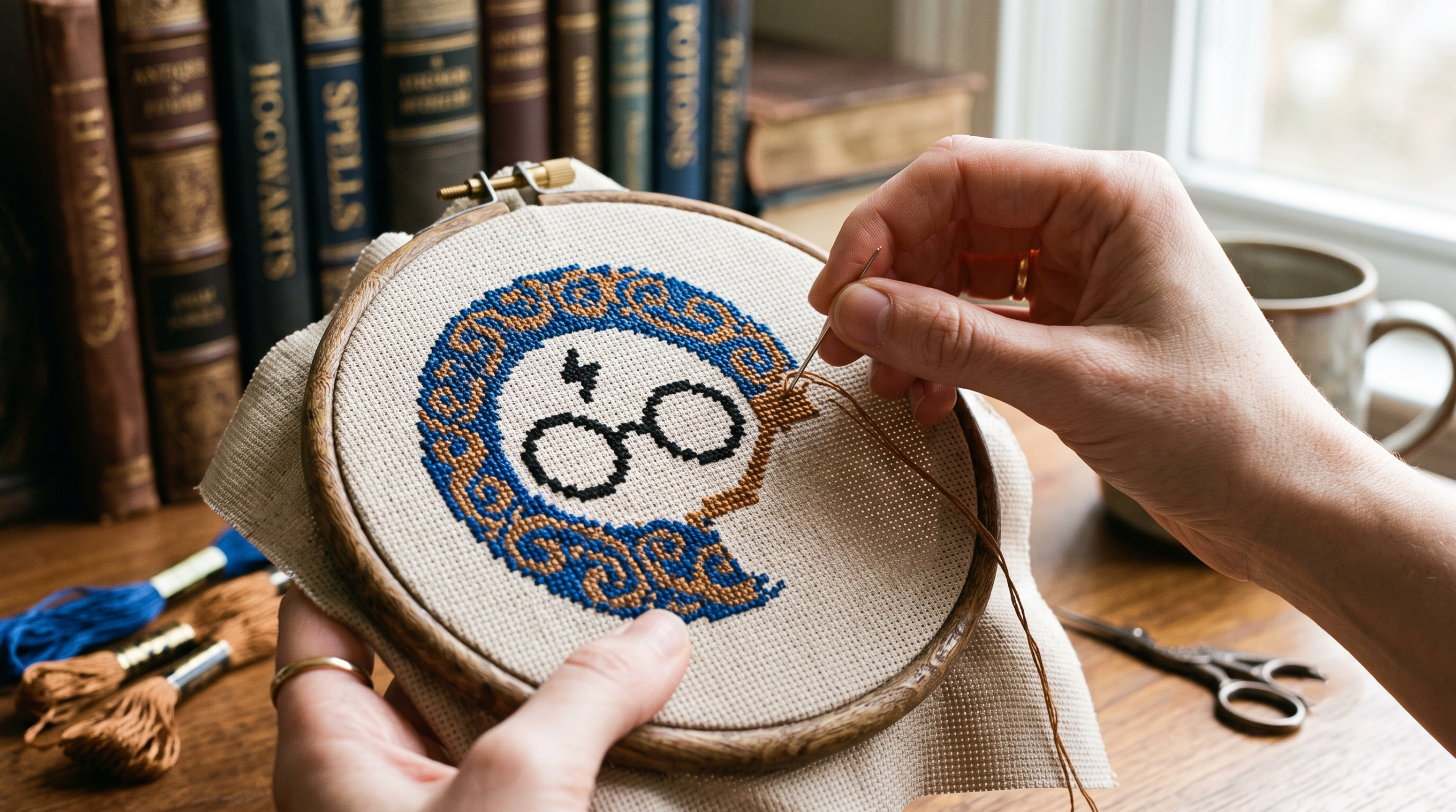 Close-up of cross-stitch being filled with bronze and blue threads for a Harry Potter AU palette.