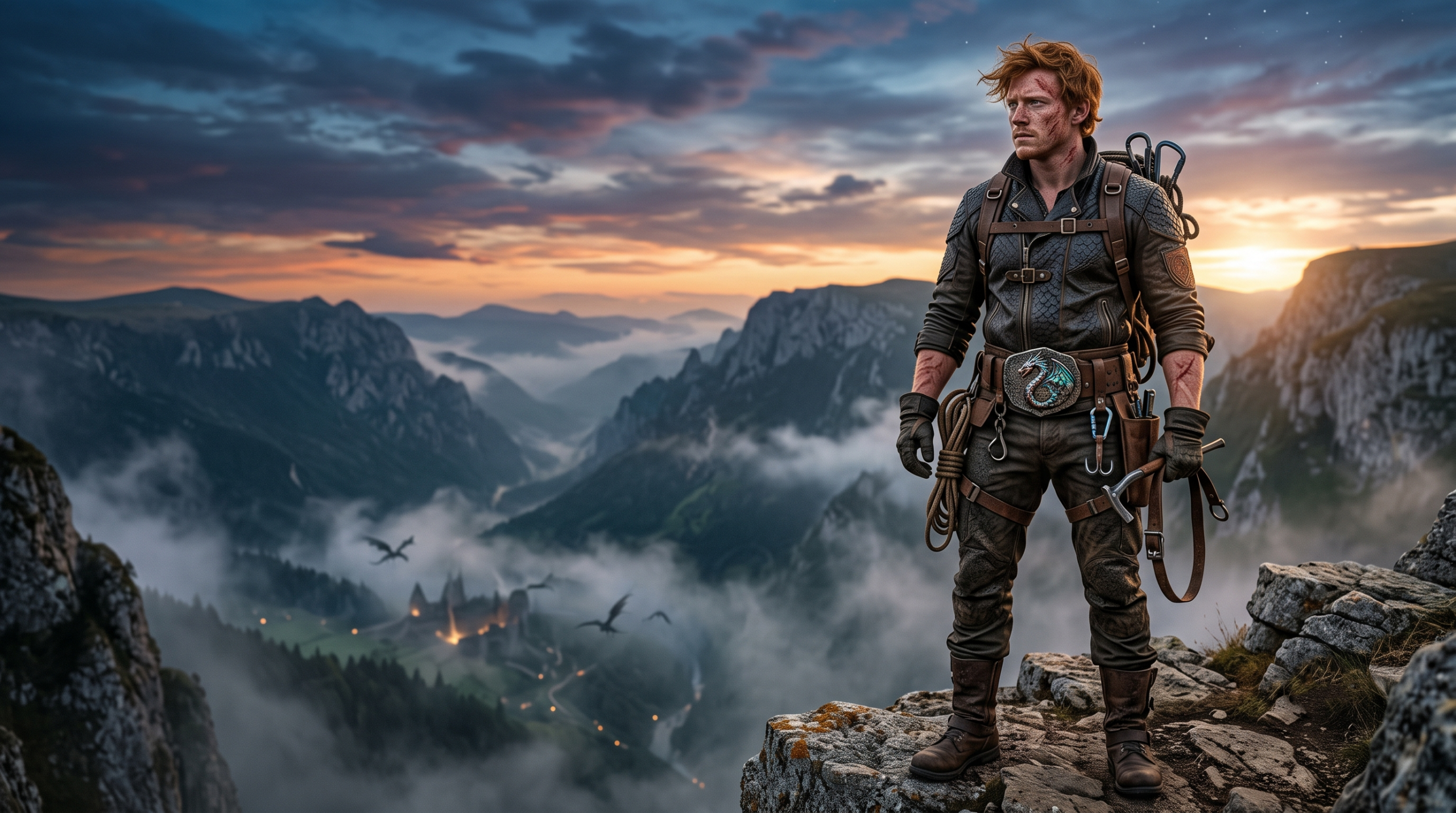 A powerful, full-body portrait of Charlie Weasley in his full professional identity as a senior dragonologist. He stands confidently on a Romanian cliffside at twilight, overlooking the sanctuary. He wears detailed dragonhide clothing and carries a variety of dangerous-looking tools, looking like a complete and heroic character.