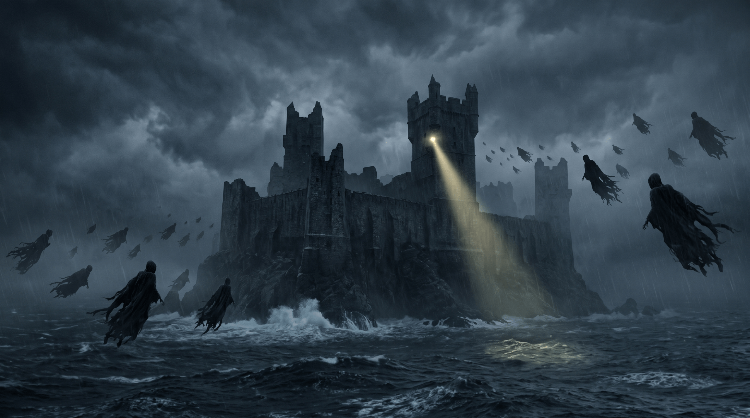 Wide-angle photograph of skeletal Dementors gliding over the storm-lashed fortress of Azkaban.