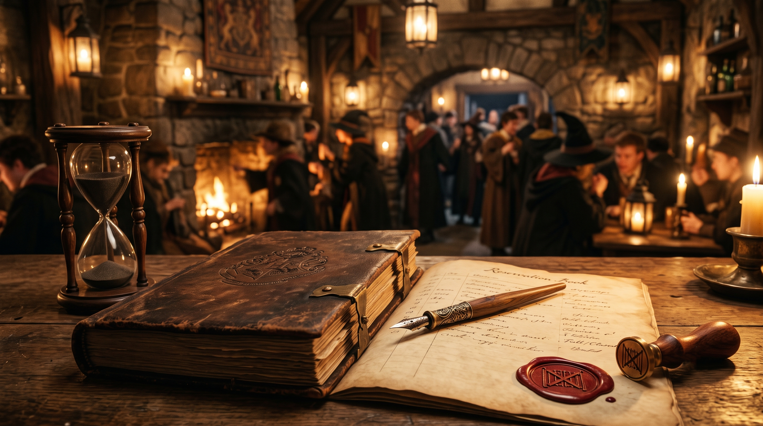 An atmospheric image of an open antique reservation ledger and a nearly empty hourglass in a wizarding setting, symbolizing the difficulty of booking themed dining.
