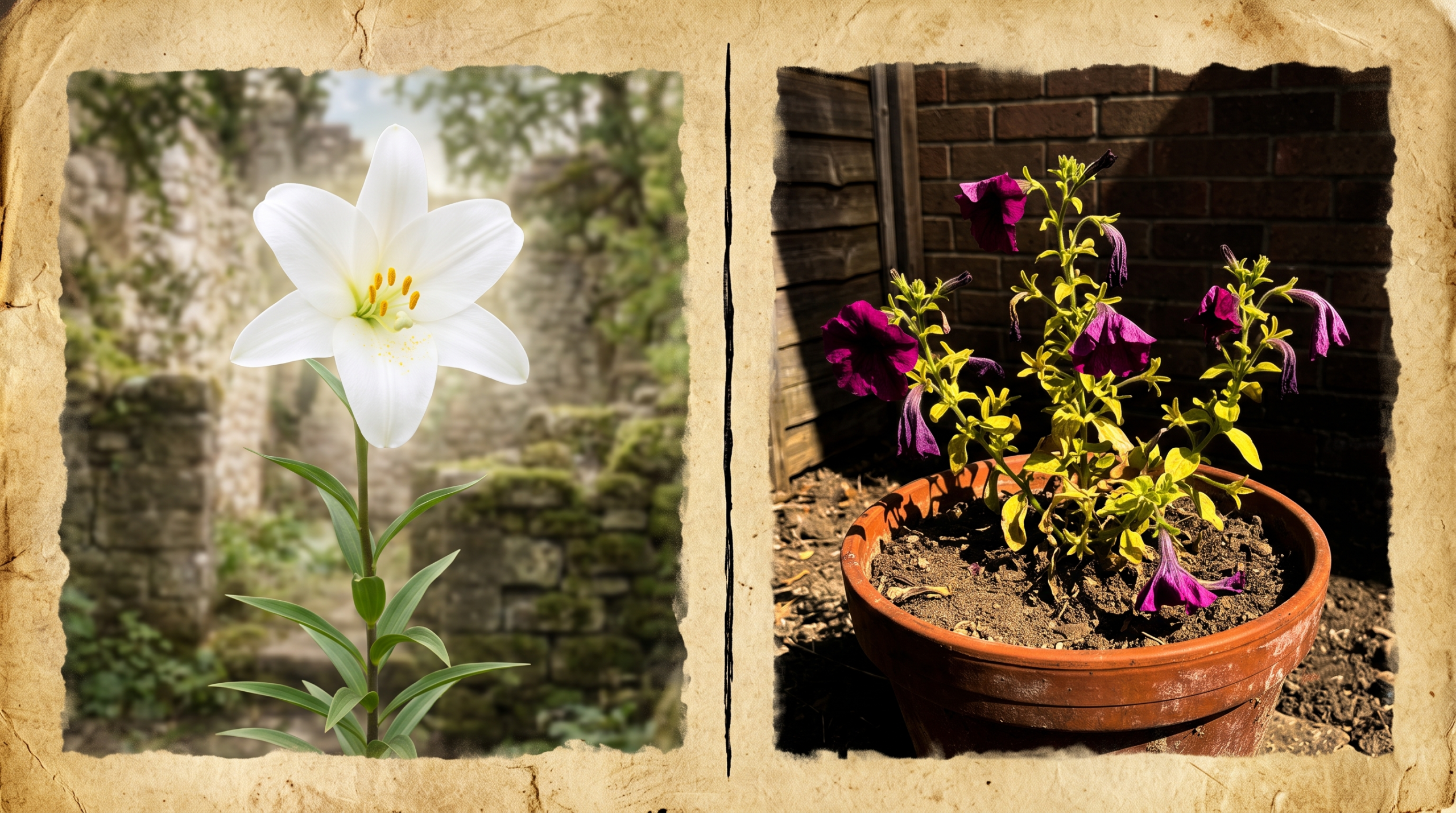 Dramatic visual contrast between Lily Potter's white lily and Petunia Dursley's purple petunia, illustrating floriography.