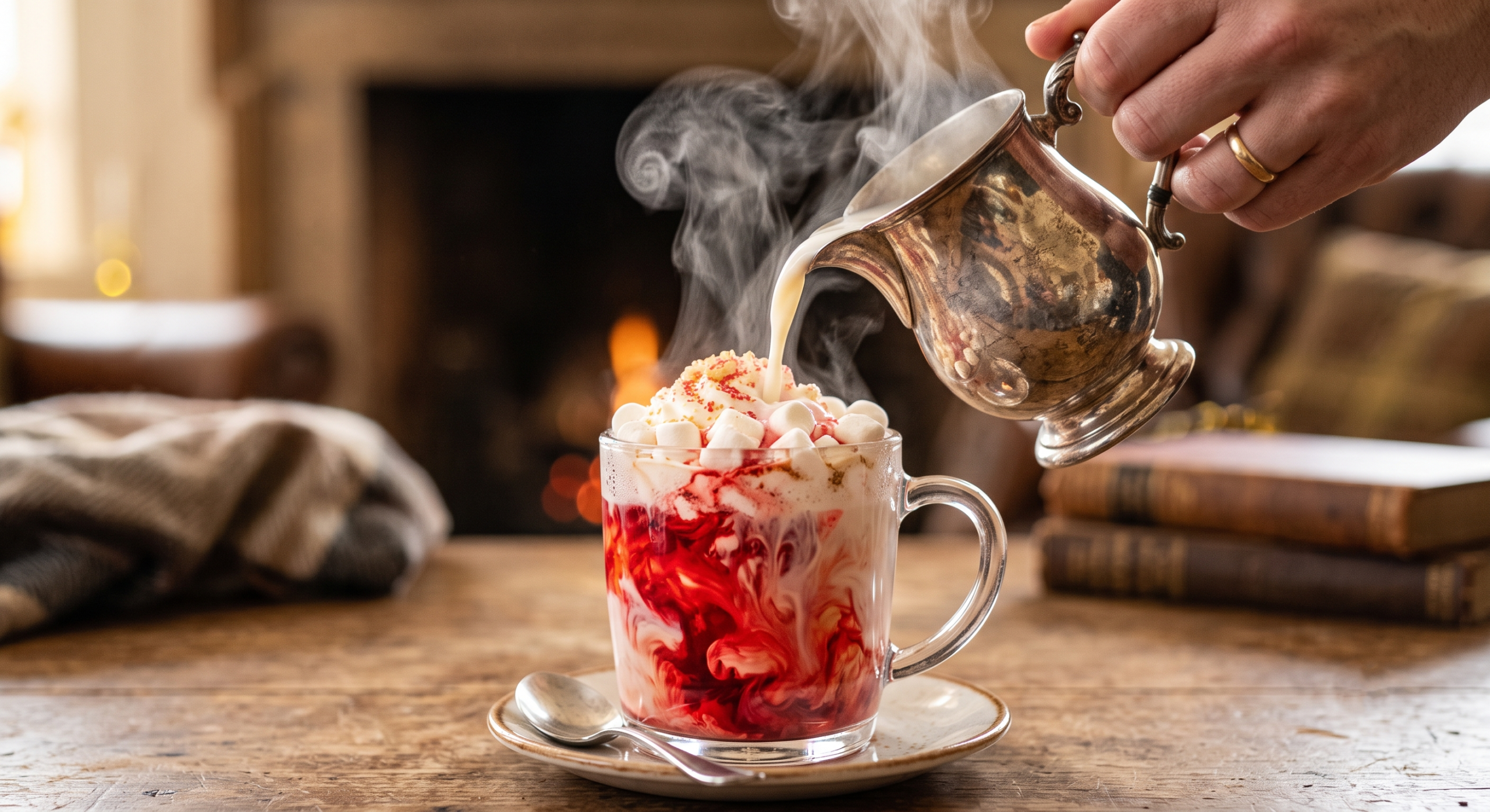 Action shot of steaming white hot chocolate being poured over marshmallows in a clear mug, triggering vibrant red color swirls and steam.