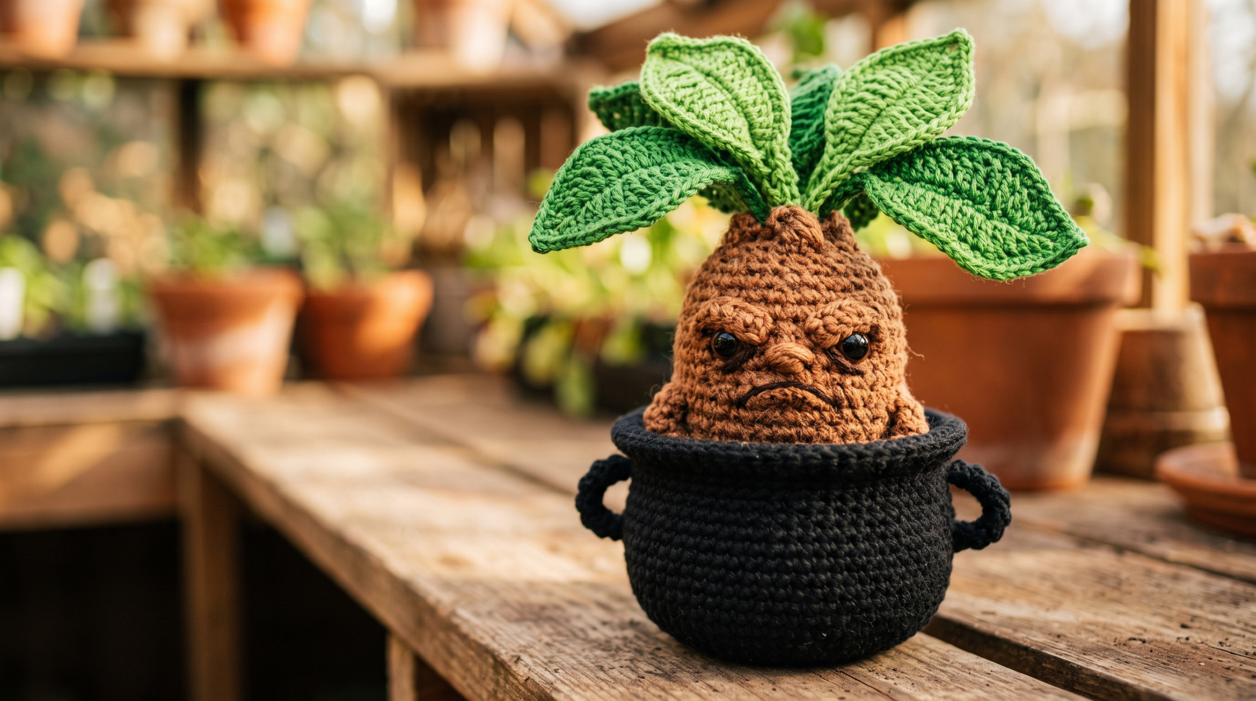 Close-up of a crocheted potted Mandrake amigurumi with a sculpted grumpy face sitting in a mini cauldron pot.