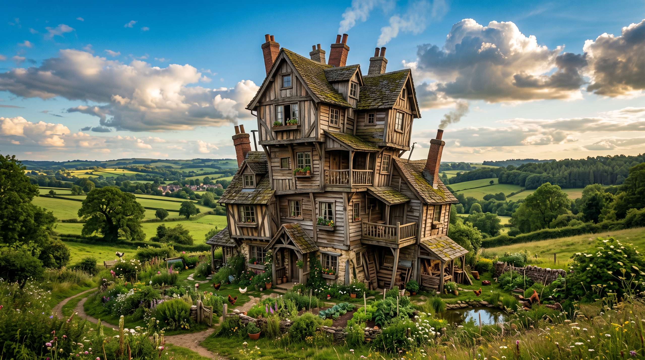 A detailed exterior view of the multi-story, magically constructed Weasley family home standing crookedly in a green valley.