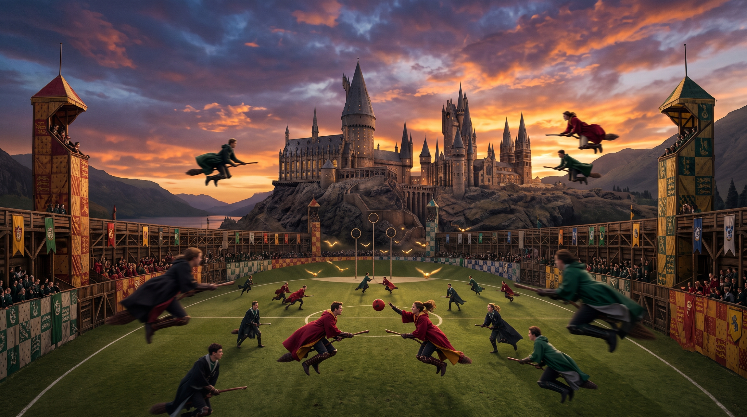 Panoramic view of the Hogwarts Quidditch Pitch at sunset, featuring the castle and active players.