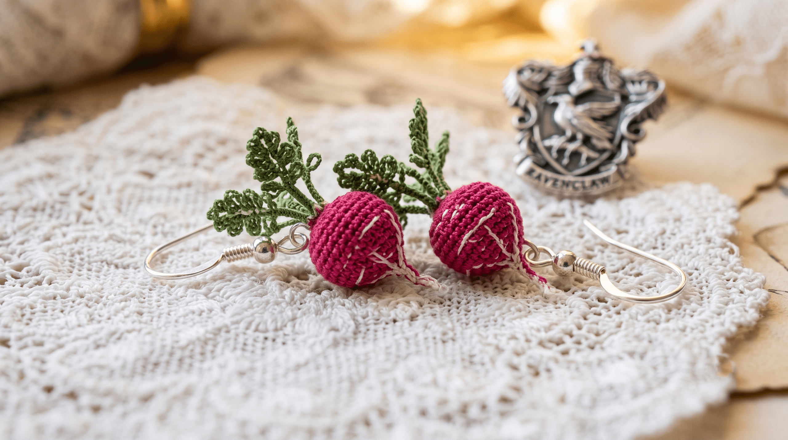 Extreme close-up shot focusing on a pair of completed, micro-crocheted Dirigible Plum radish earrings.