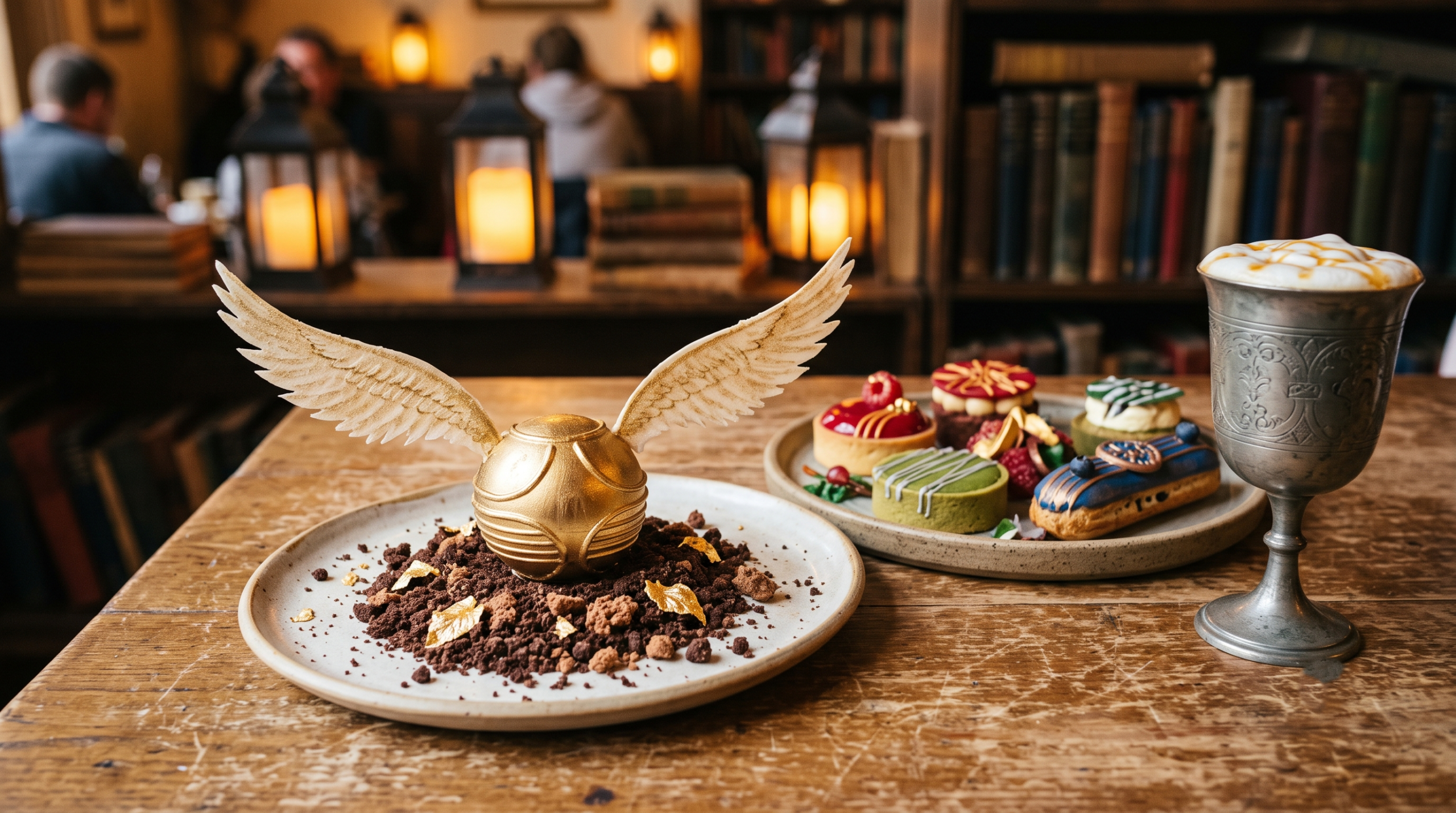 An artistic food photograph of Golden Snitch-themed desserts and house-colored pastries at a Harry Potter inspired café.