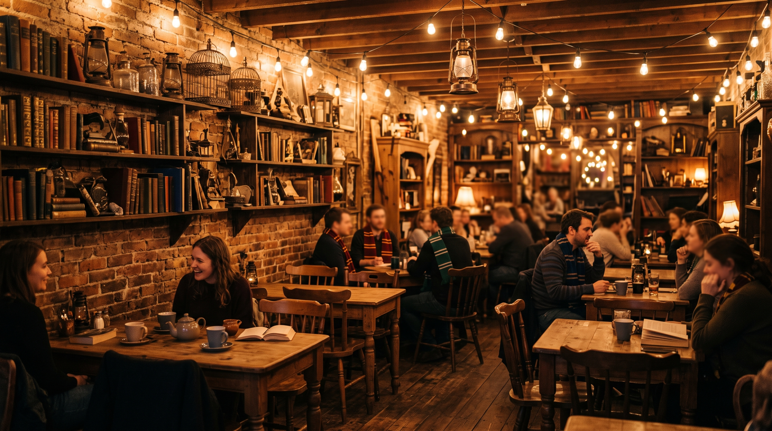 The cozy, book-filled interior ambiance of an independent Harry Potter inspired café featuring string lights and wizarding props.