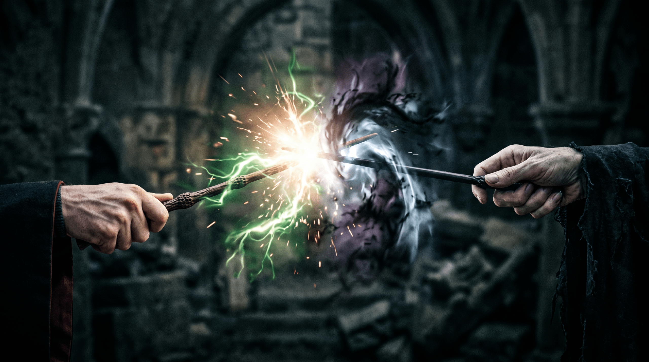 Dramatic clash between Harry Potter's holly wand and Voldemort's yew wand, symbolizing protection and hope.
