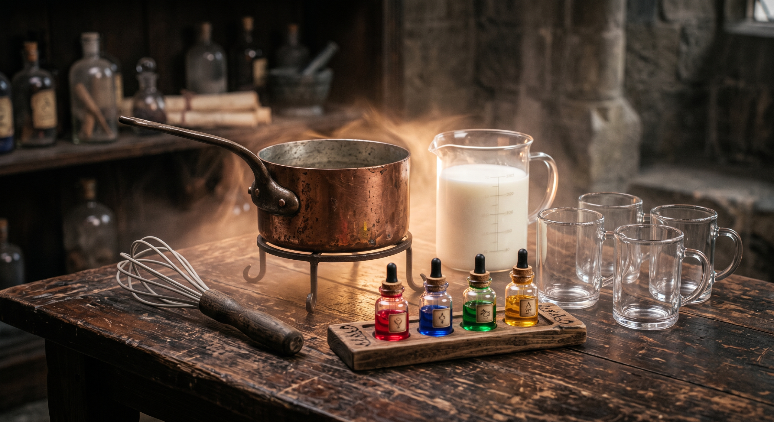 Curated collection of kitchen tools styled like a potions kit: copper saucepan, measuring pitcher, silicone whisk, glass mugs, and color dropper vials.