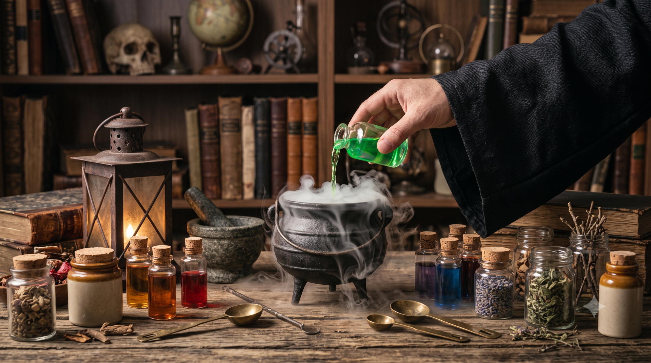 Close-up of a patron in a wizard robe pouring glowing liquid into a bubbling cauldron at an independent potion-making restaurant experience.
