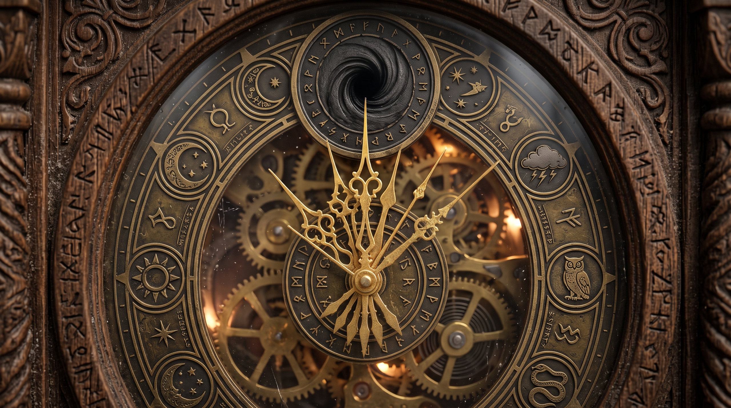 A close-up of the antique, magical Weasley family clock where all nine distinct hands simultaneously point to the same ominous section.