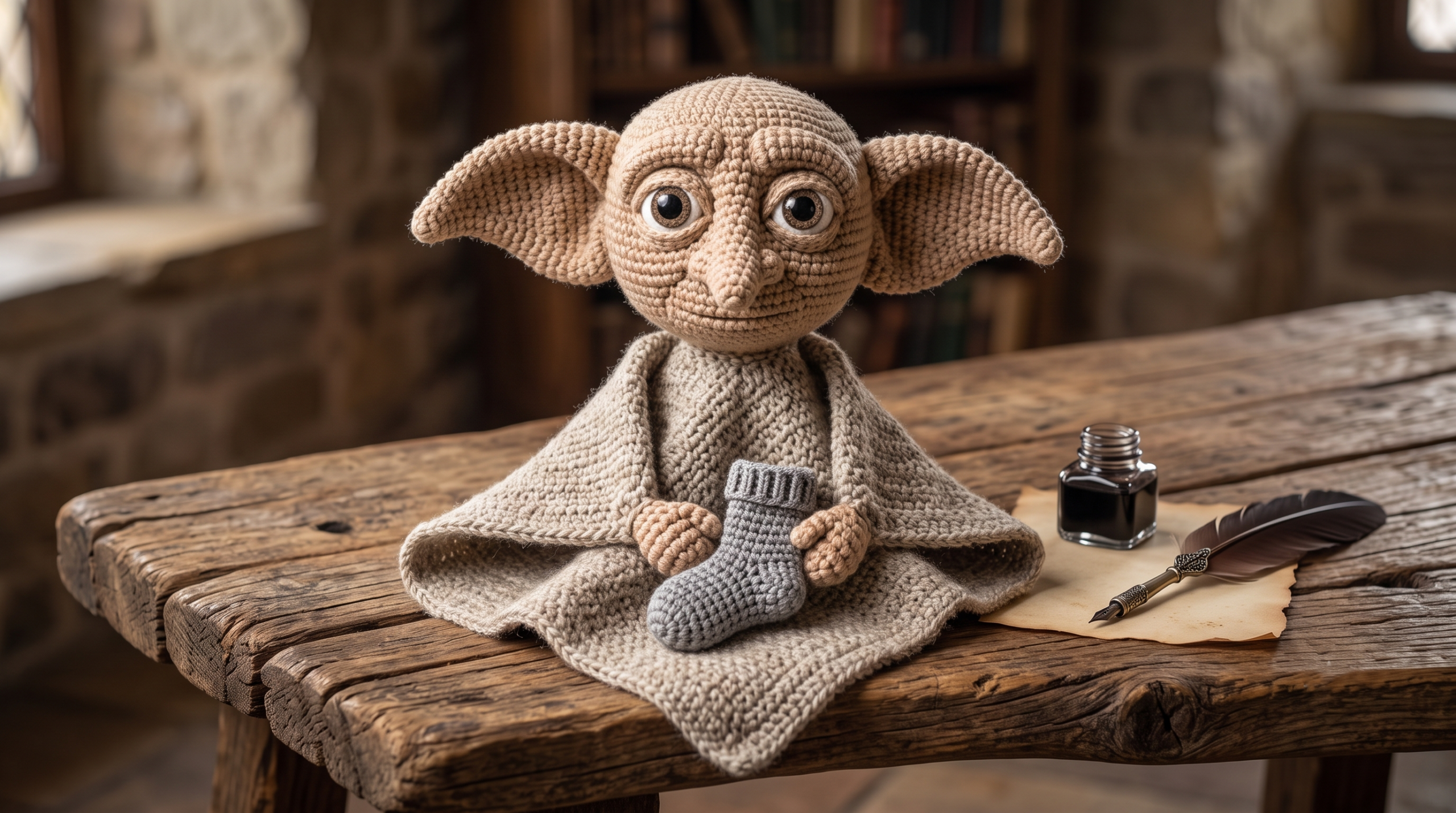 A full view photograph of a completed crocheted Dobby the House Elf snuggler with large sculpted ears holding a tiny sock.