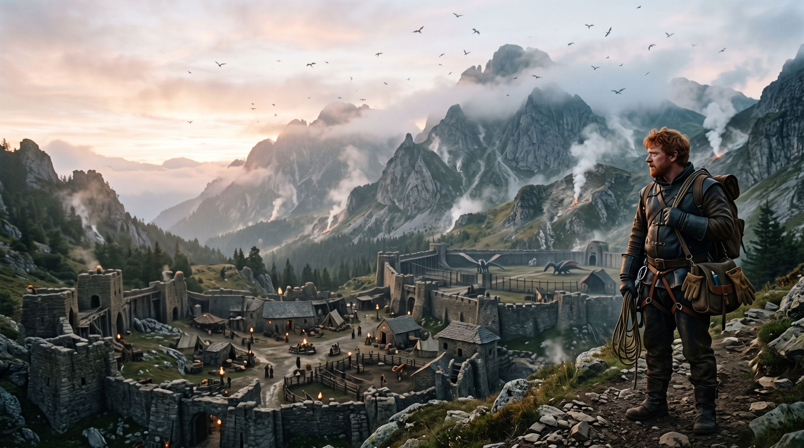 A vast, atmospheric panoramic view of the rugged, volcanic Romanian mountains at dawn. The sanctuary base camp, with ancient stone structures and modern research tents, is nestled in a valley with distant steam vents. Several small dragon silhouettes are flying over the landscape. Charlie Weasley stands in the foreground with specialized equipment, looking out over his domain.