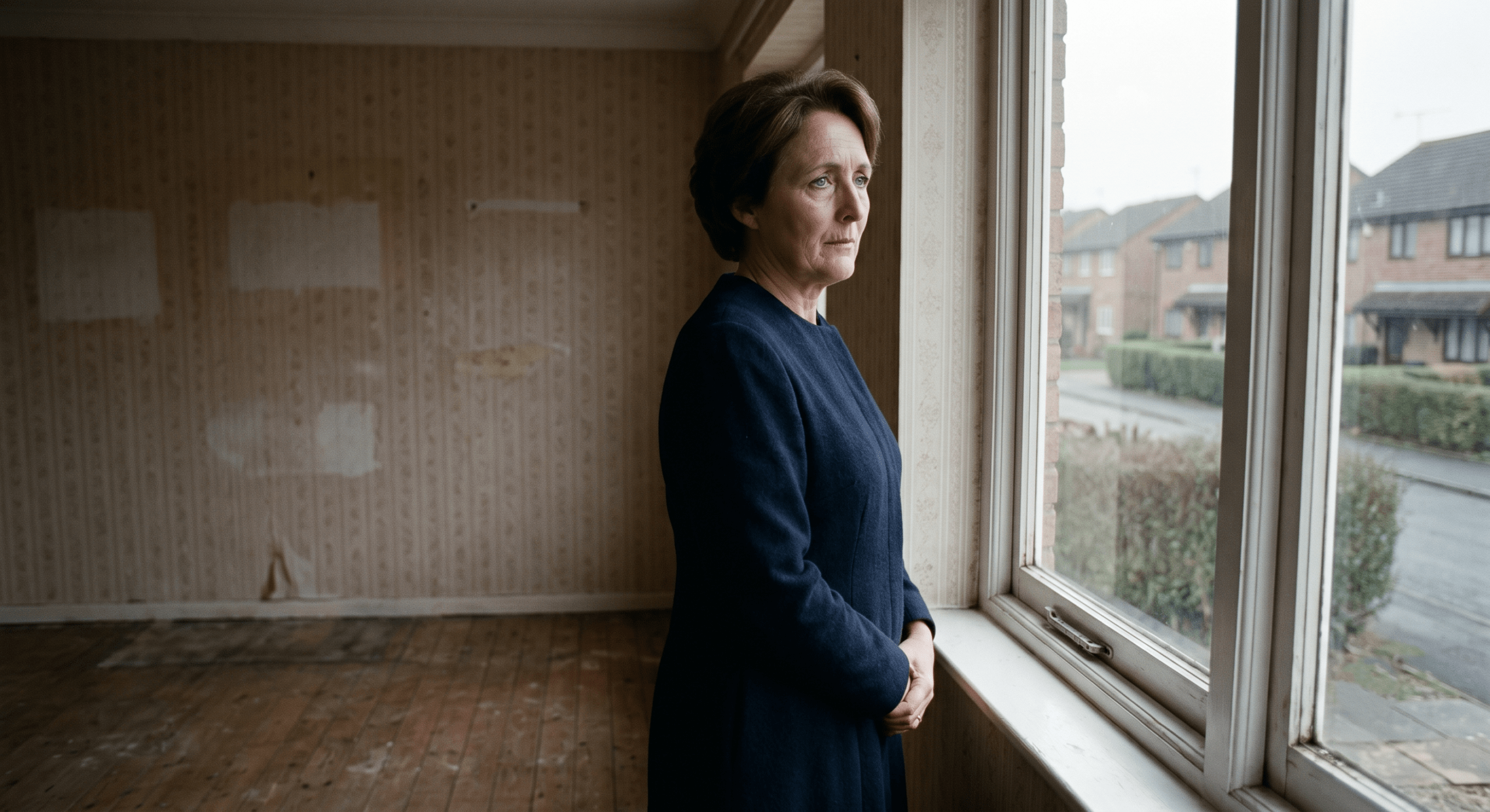 A deleted scene production still of Aunt Petunia Dursley showing grief in the empty Privet Drive house in Harry Potter and the Deathly Hallows Part 1.