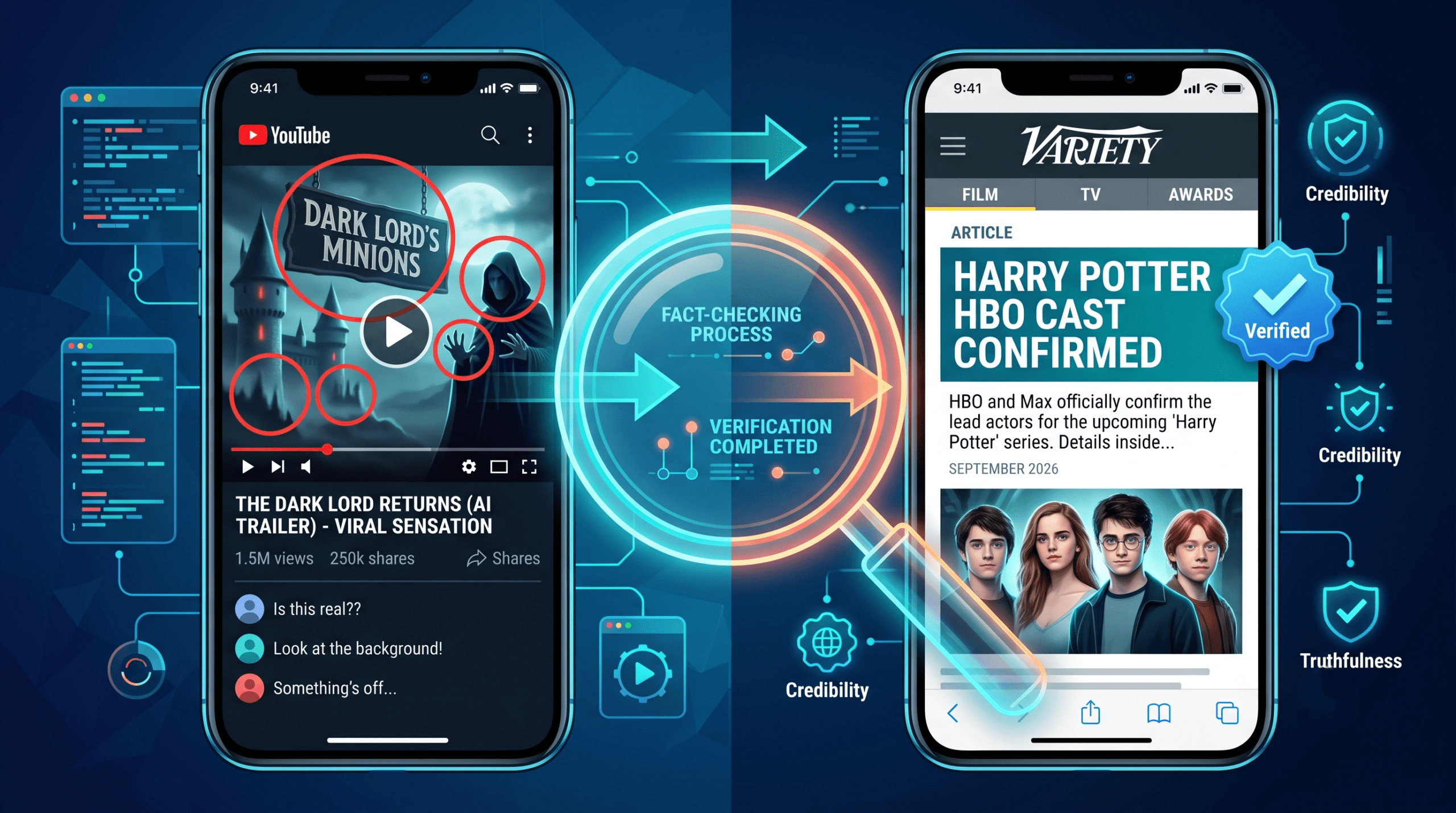 A modern infographic illustration showing a smartphone screen comparing a fake viral video to a verified entertainment news website.
