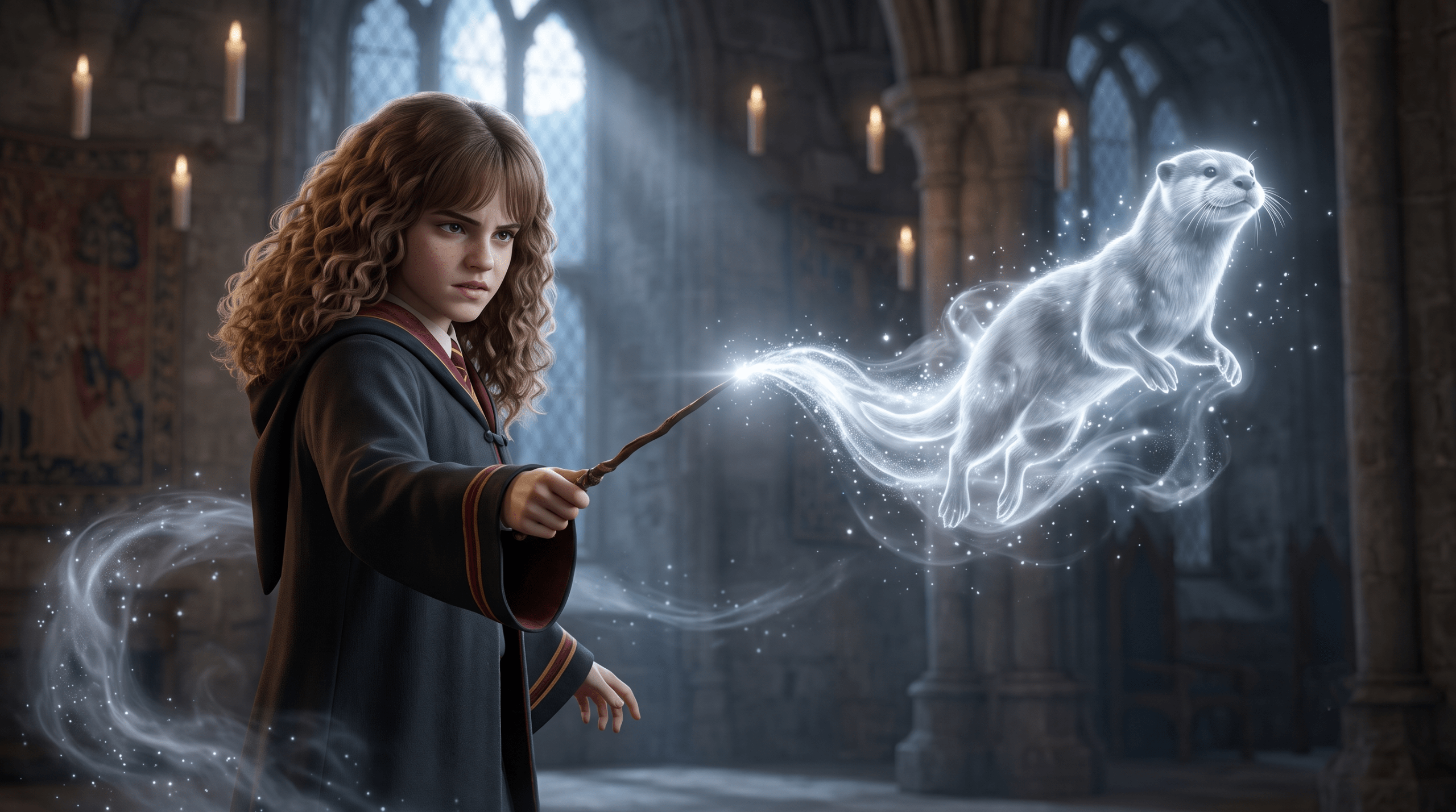 Hermione Granger casting a silvery otter Patronus charm in Hogwarts