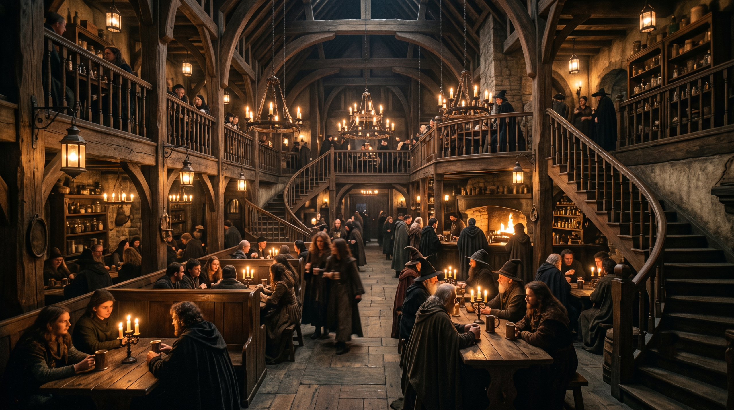 Rustic medieval interior architecture of an official wizarding world themed tavern at Universal Studios Hogsmeade.