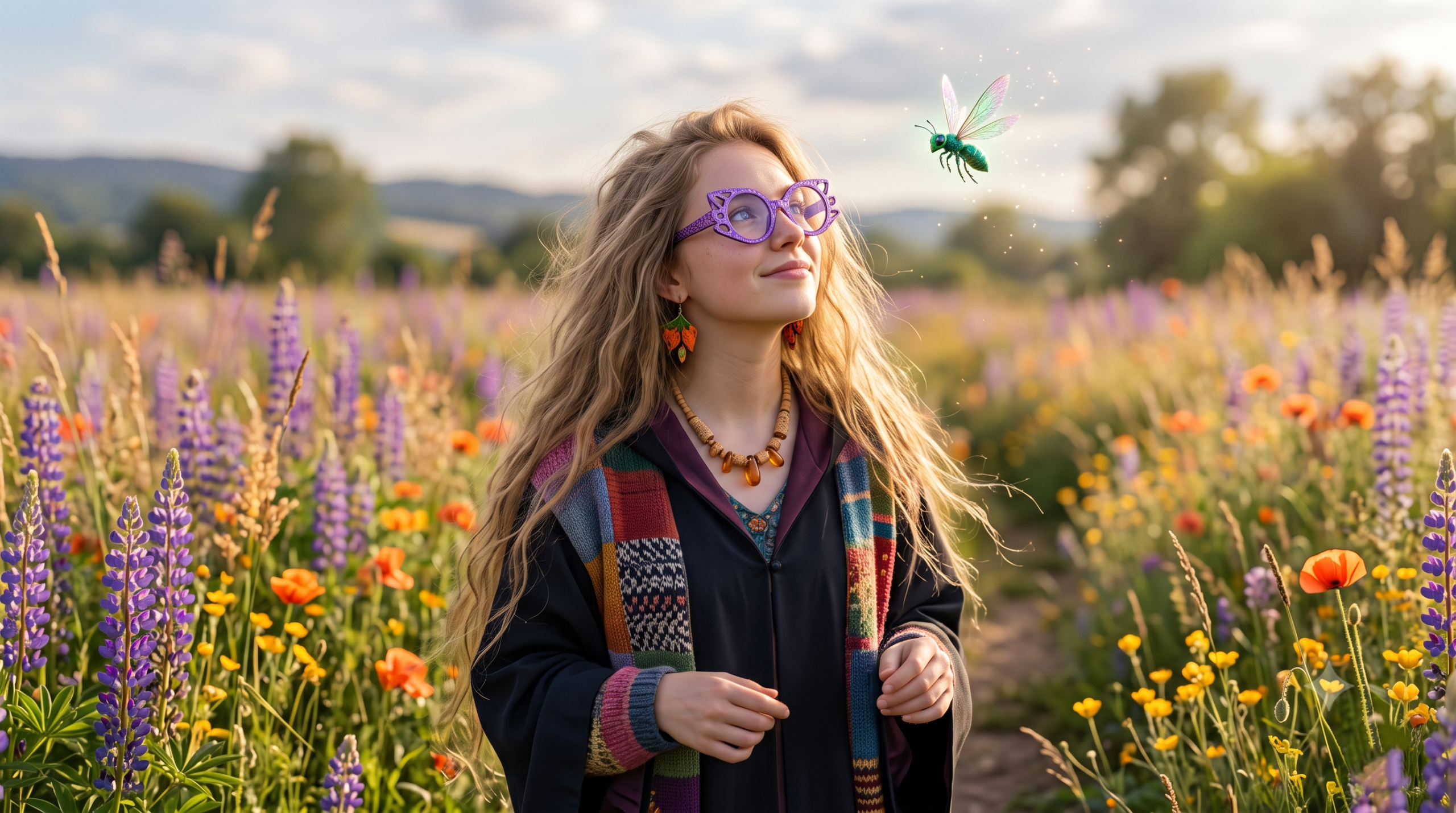 Luna Lovegood portrait with Spectrespecs and radish earrings in a wildflower meadow