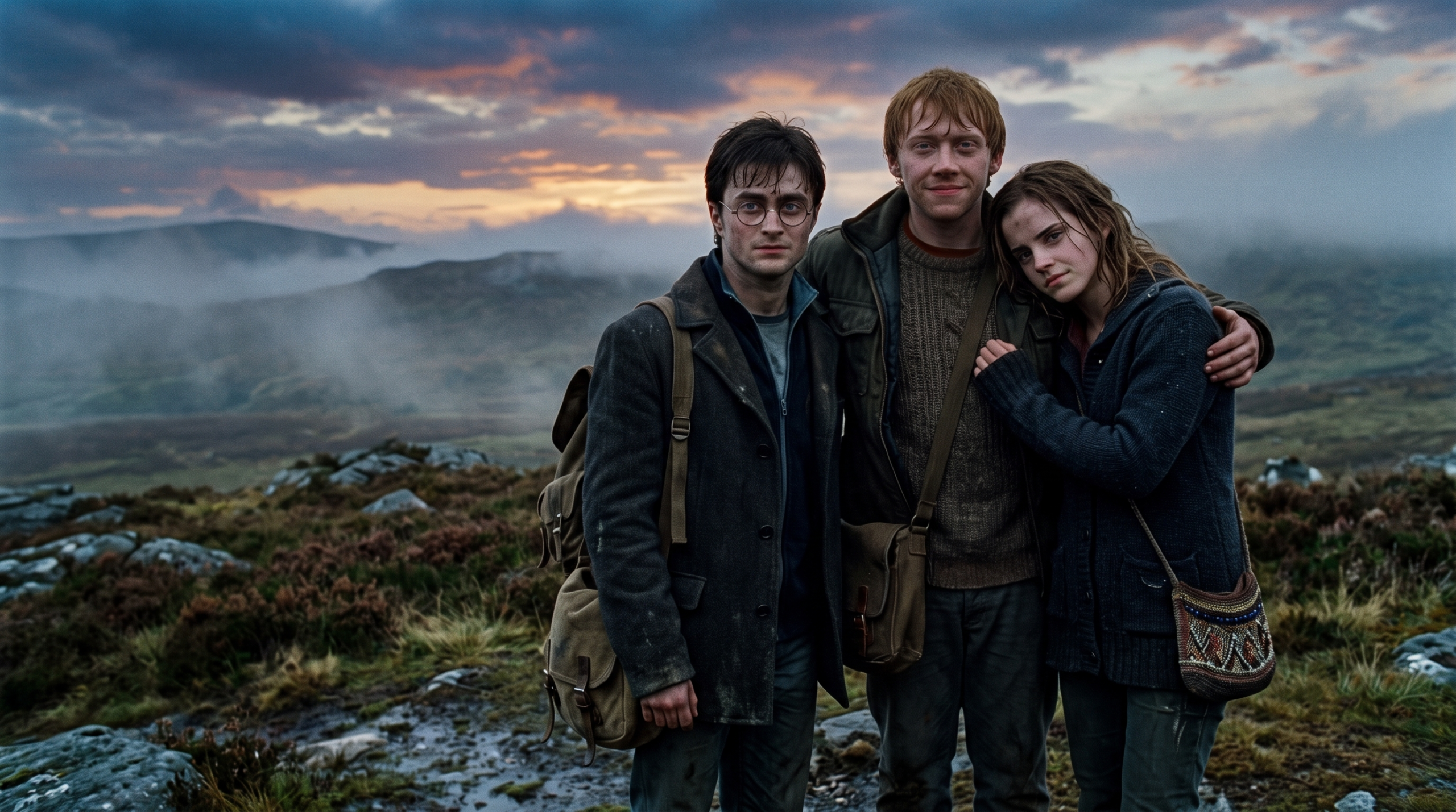 Emotional photo of a determined, war-weary Golden Trio (Harry, Ron, Hermione) huddled together during their quest in a rugged Scottish moor landscape.