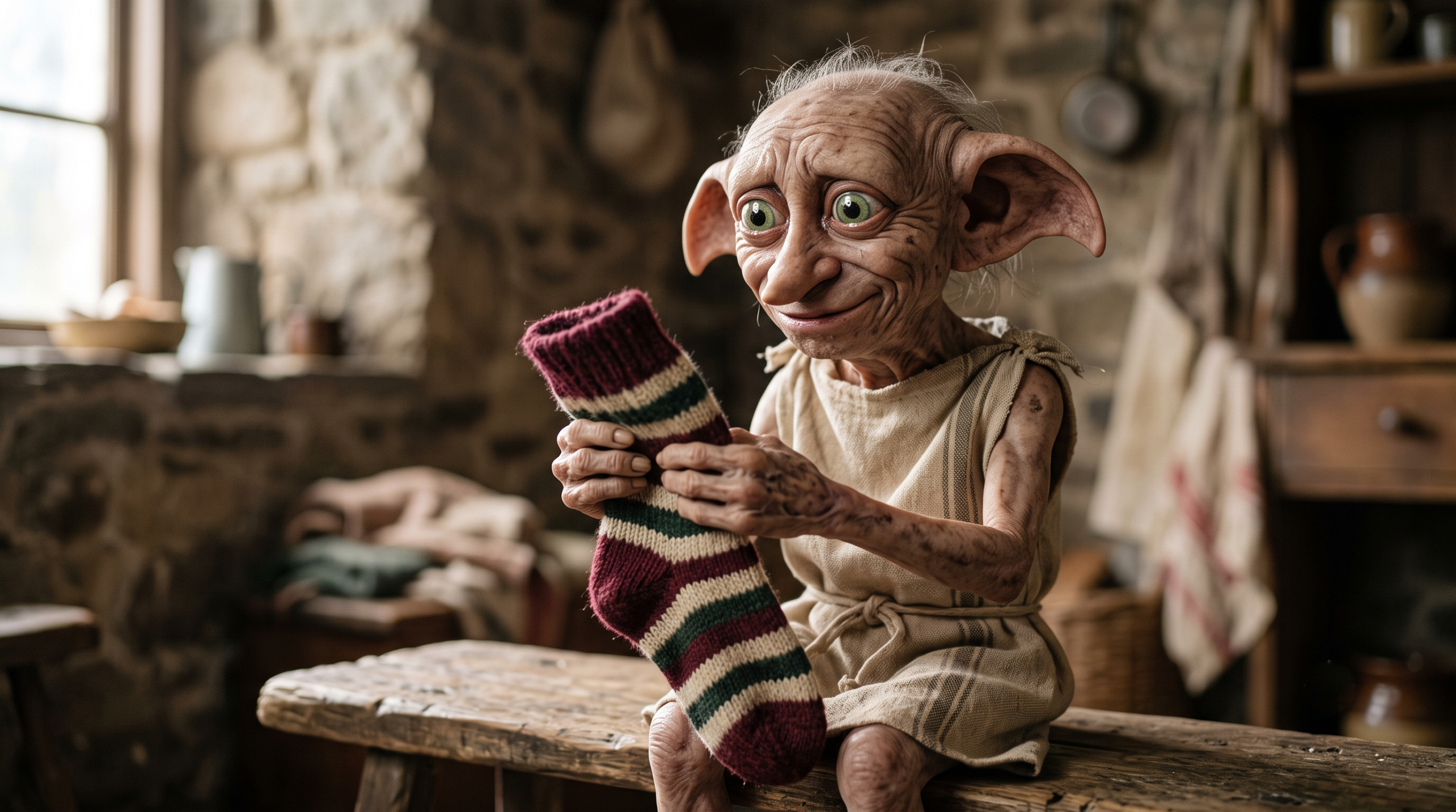 A photorealistic close-up of a house-elf holding a sock with joyful wonder.