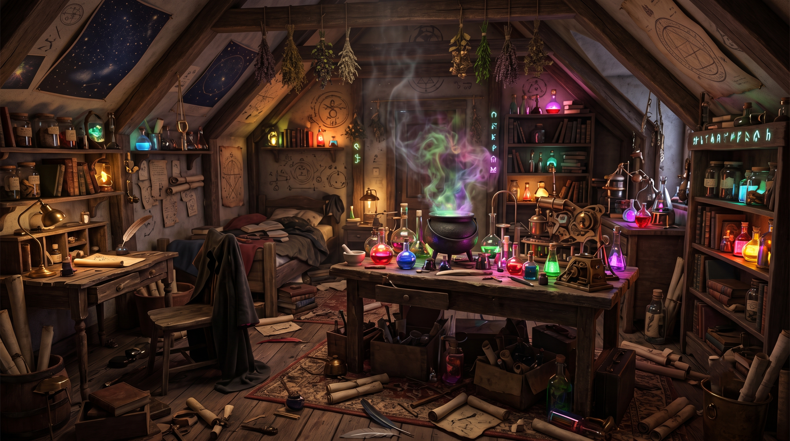 The chaotic, cluttered interior of Fred and George Weasley's bedroom, filled with magical inventions, glowing potions, and a faint plume of smoke.