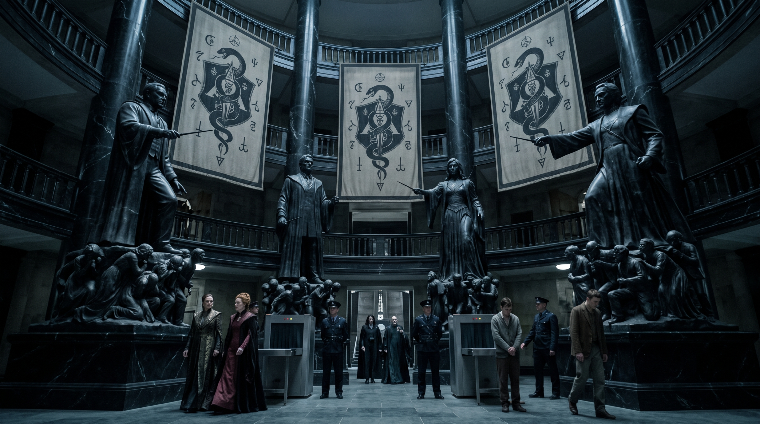 Visual allegory of systemic prejudice within a corrupted, fascist Ministry of Magic atrium showing wizard supremacy statues and oppressed people.