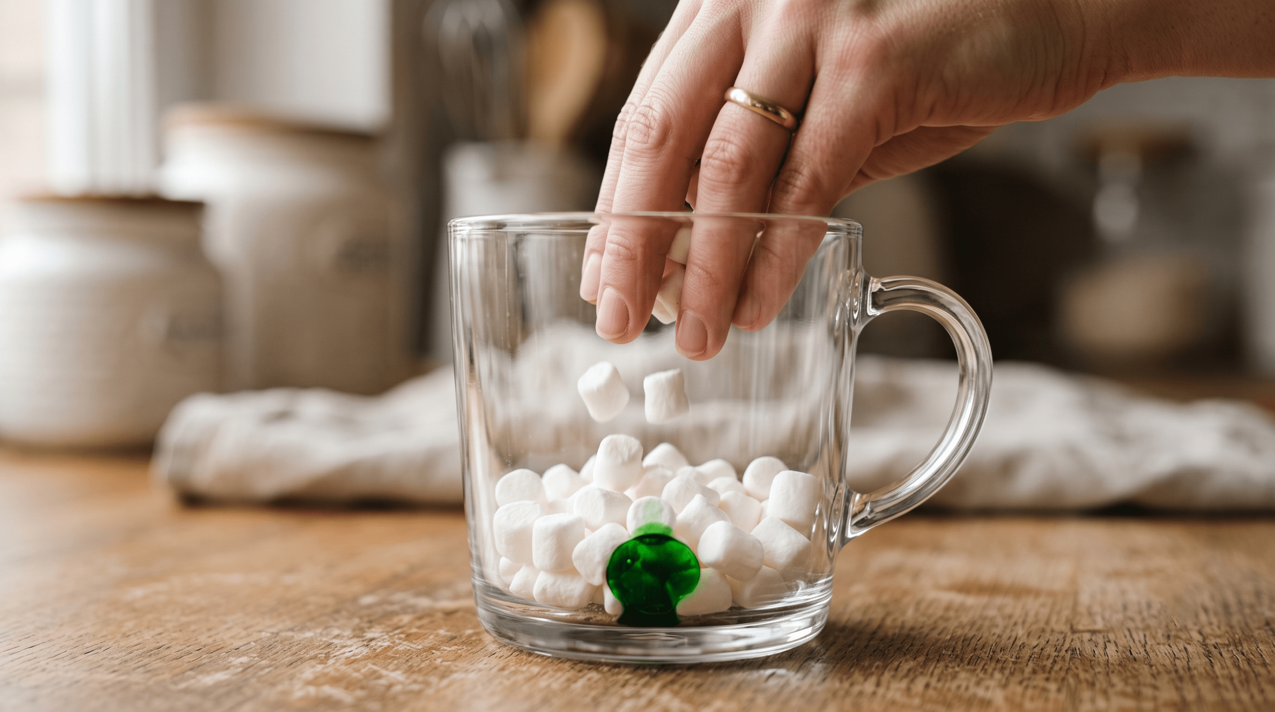 Macro shot of a vibrant green gel food coloring droplet being hidden by mini marshmallows inside a clear glass mug for the color change reveal.