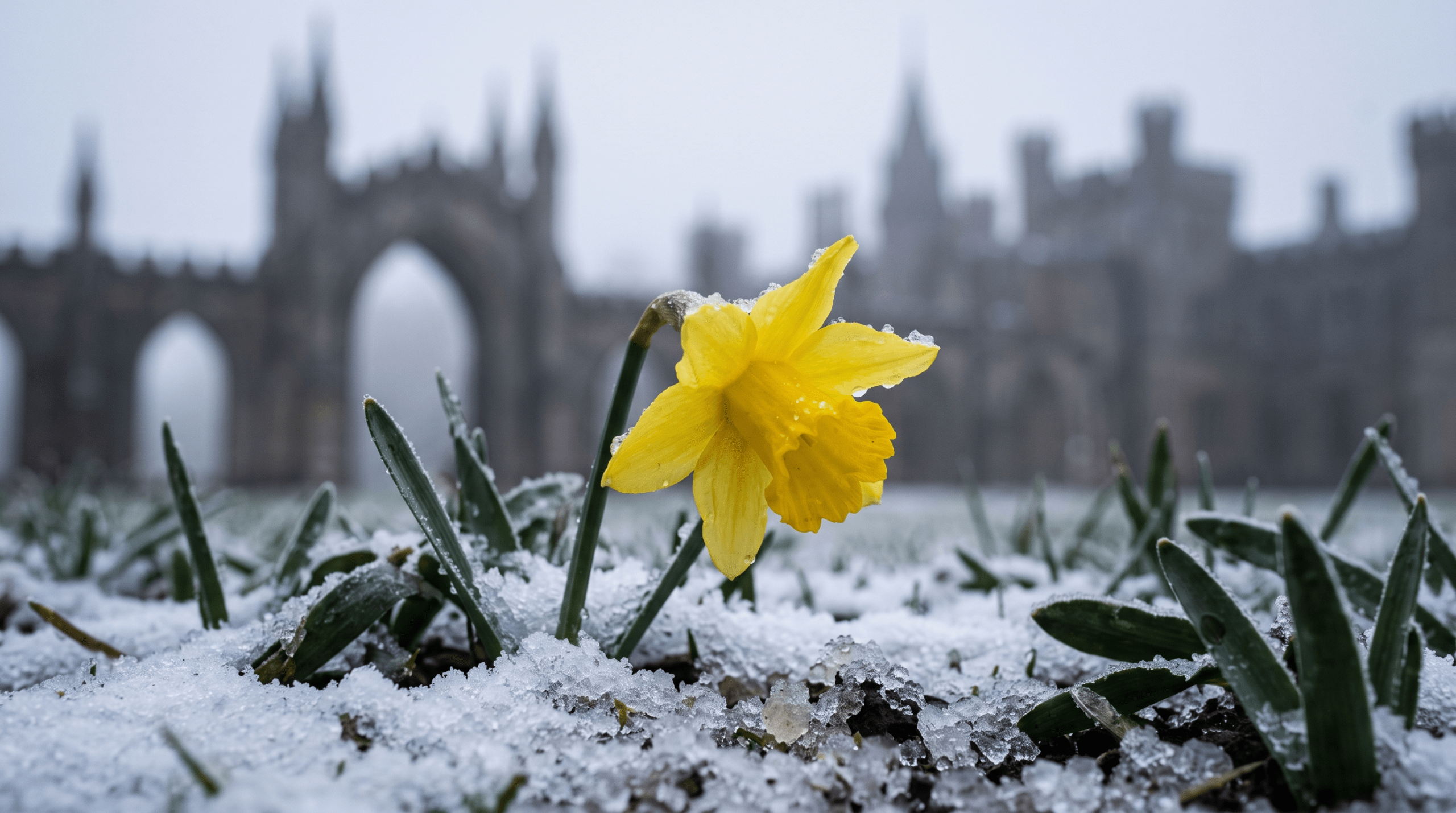 Close-up of a yellow Narcissus daffodil emerging from snow, symbolizing Narcissa Malfoy's survival instincts.